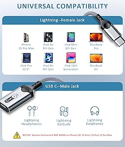 USB C to Lightning Audio Adapter for iPhone 15 16 Pro Max 17 Air iPad Pro iPad 10 USB C Male to Lightning Female Connector Headphone Adapter for iPad Air 5 Mini 6 MacBook Mac, NOT Support Charging