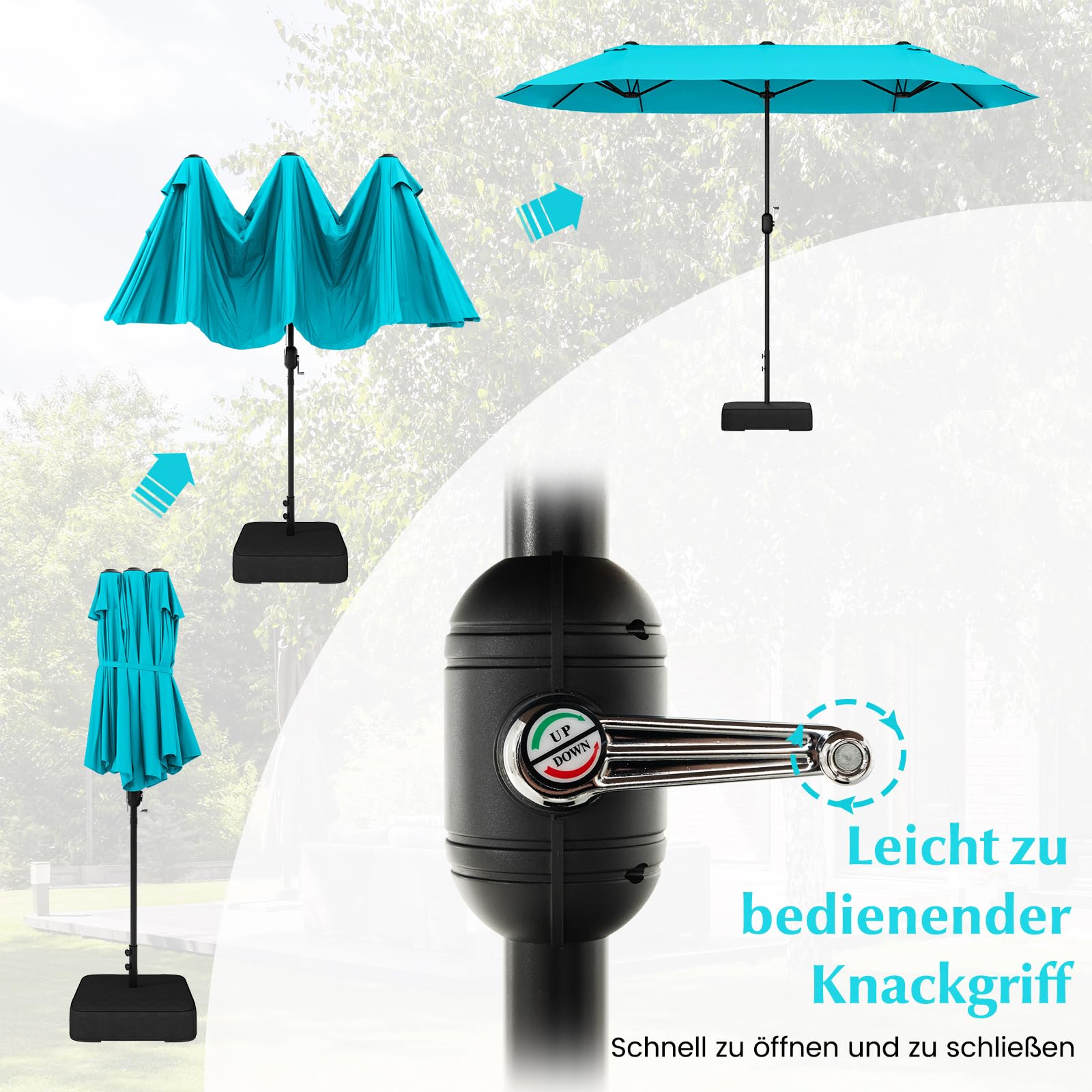 COSTWAY Podwójny parasol przeciwsłoneczny ze stojakiem, 400 x 200 cm, duży XXL, UPF 50+, parasol ogrodowy z korbą, parasol tarasowy, do ogrodu, na taras i basen