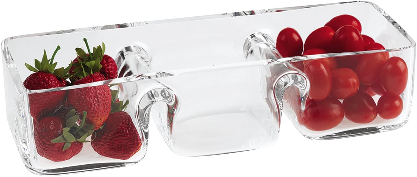 Premium European Mouth Blown Crystal Dish - Hostess 3 Section Dish, 12x4.5 Inches