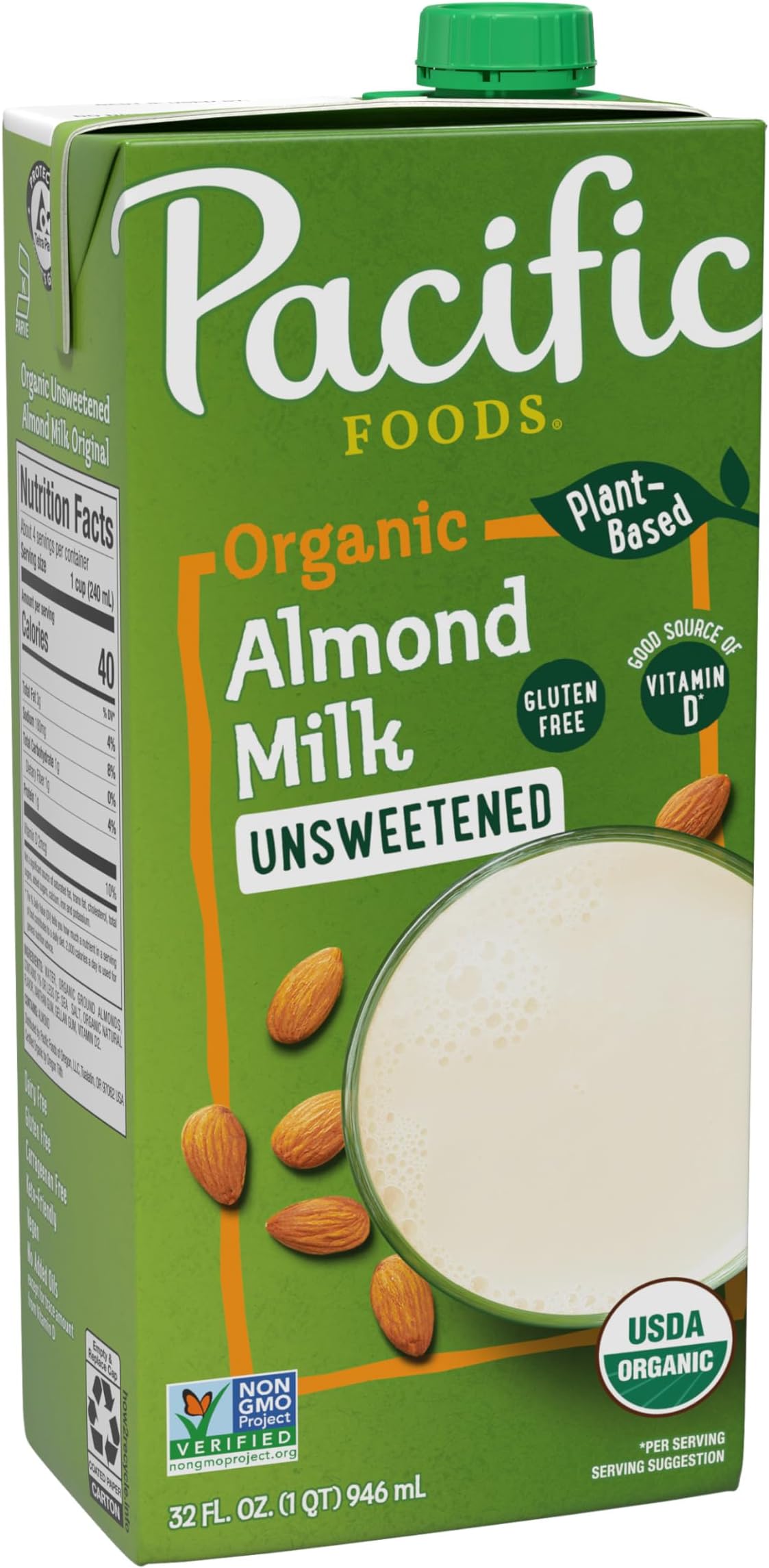 Organic Unsweetened Almond Milk, Plant Based Milk, 32 oz Carton