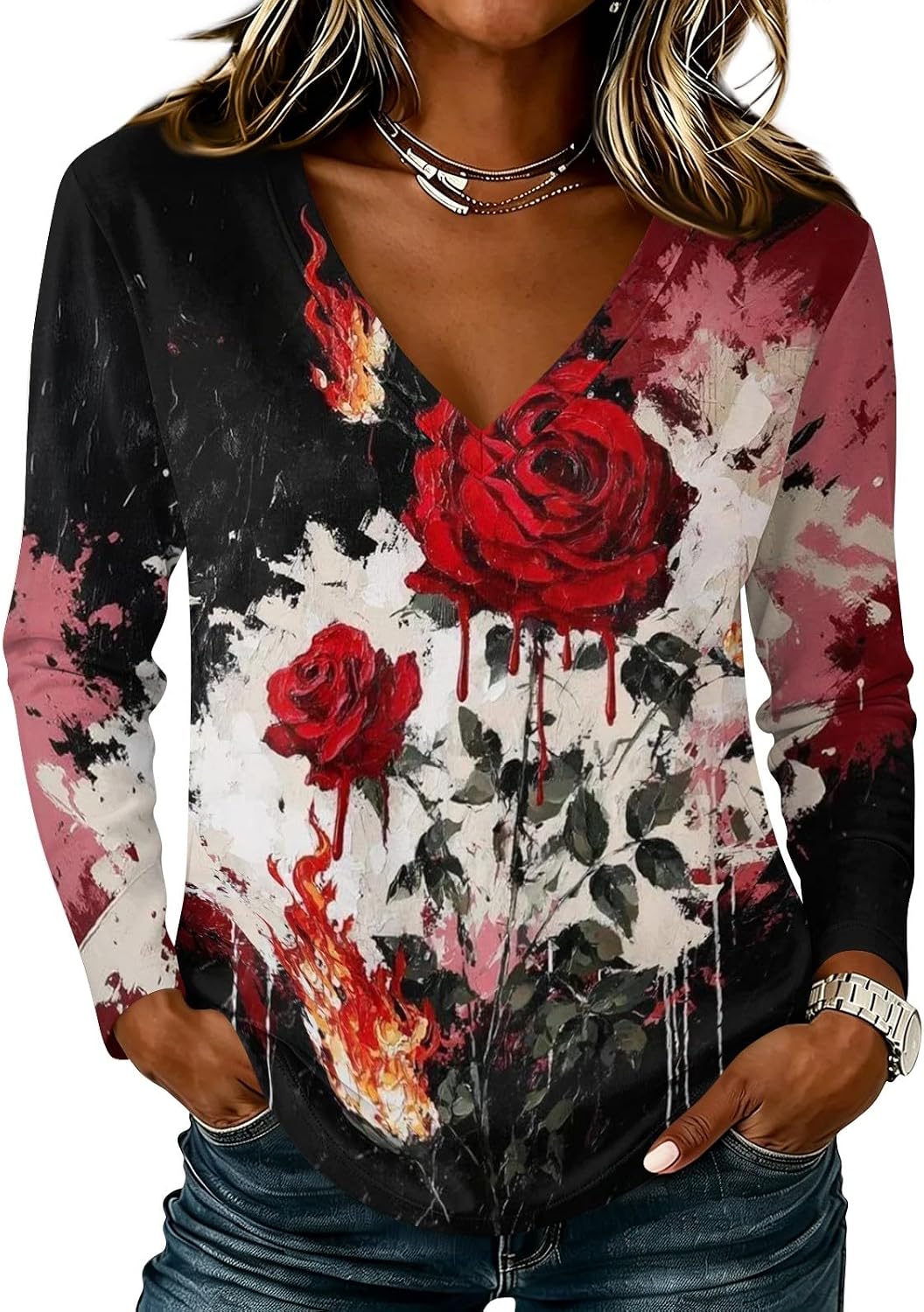 Women's Long Sleeve Shirts Halloween Fall V Neck Graphic Tops | Womens Dressy Summer Tops, Flowy Shirts, Boho Blouse for Women, Winter Clothes, Camisetas Para Mujer