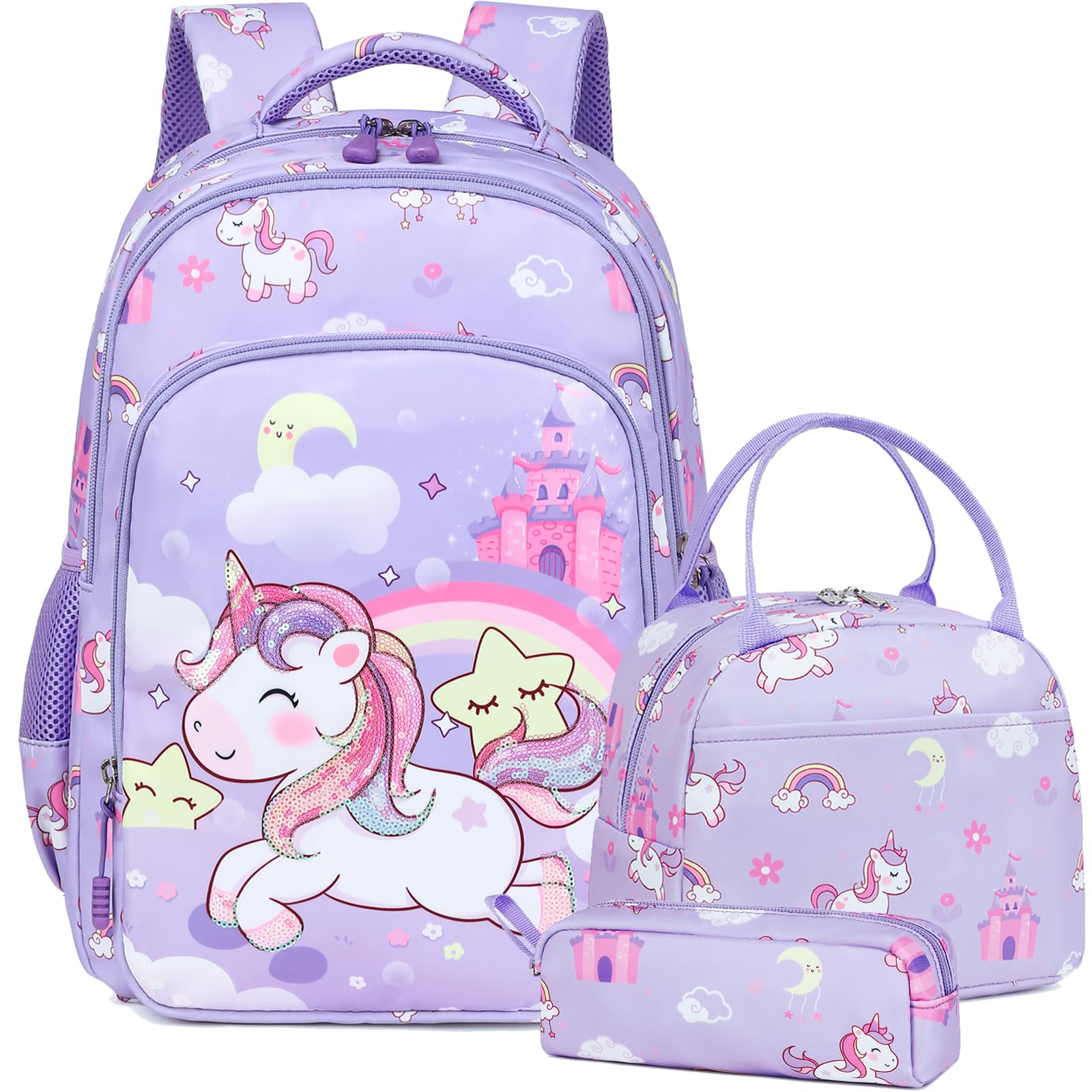 Dafelile Girls Backpack for Elementary Unicorn Backpack Kids Backpack School Bookbag for Girls 3 in 1 Set Back to School