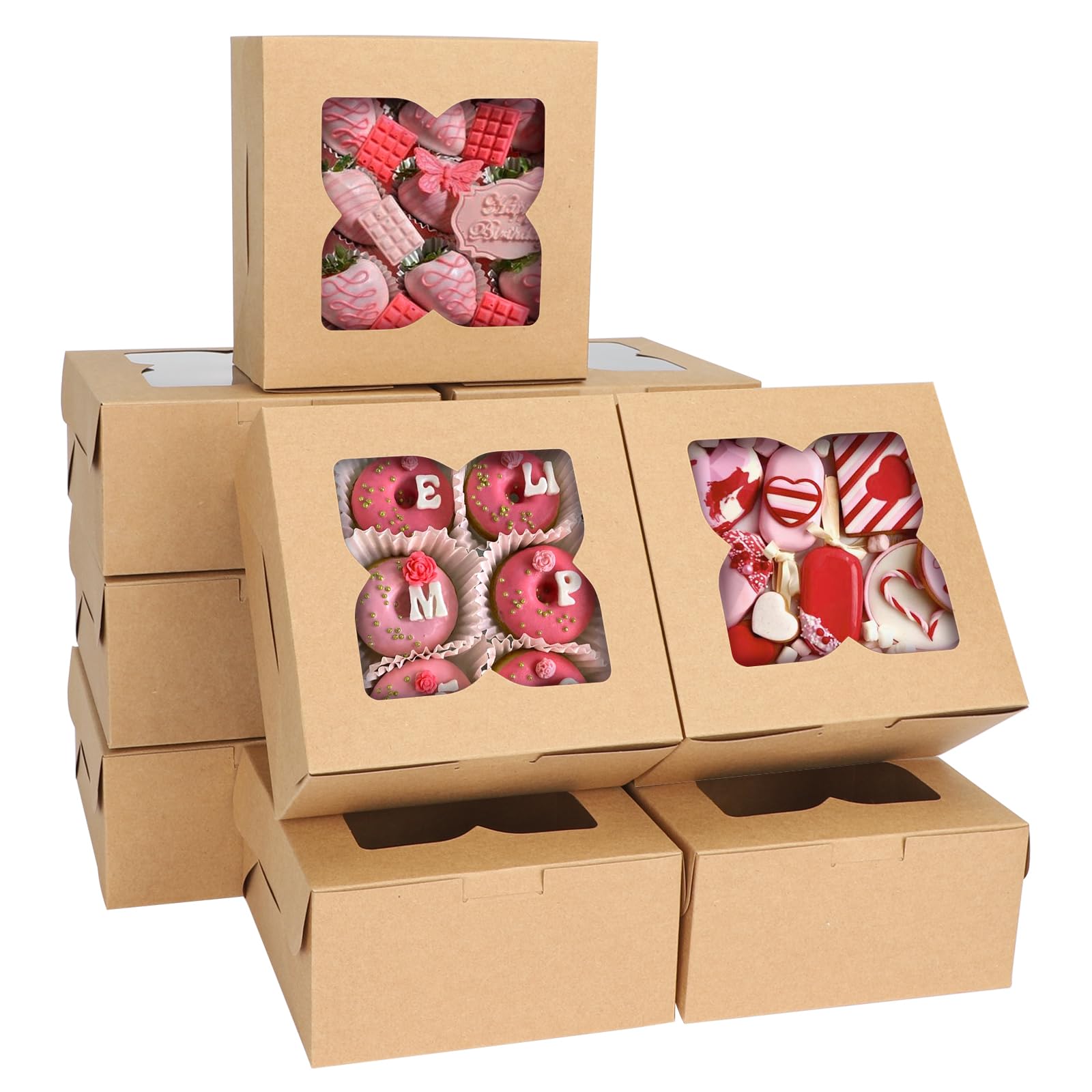 TOMNK 36pcs Bakery Boxes 6x6x3in Brown Treat Boxes Cookie Boxes with Windows Small Cake Pastry or Dessert, Smash Heart, Strawberry and Muffin