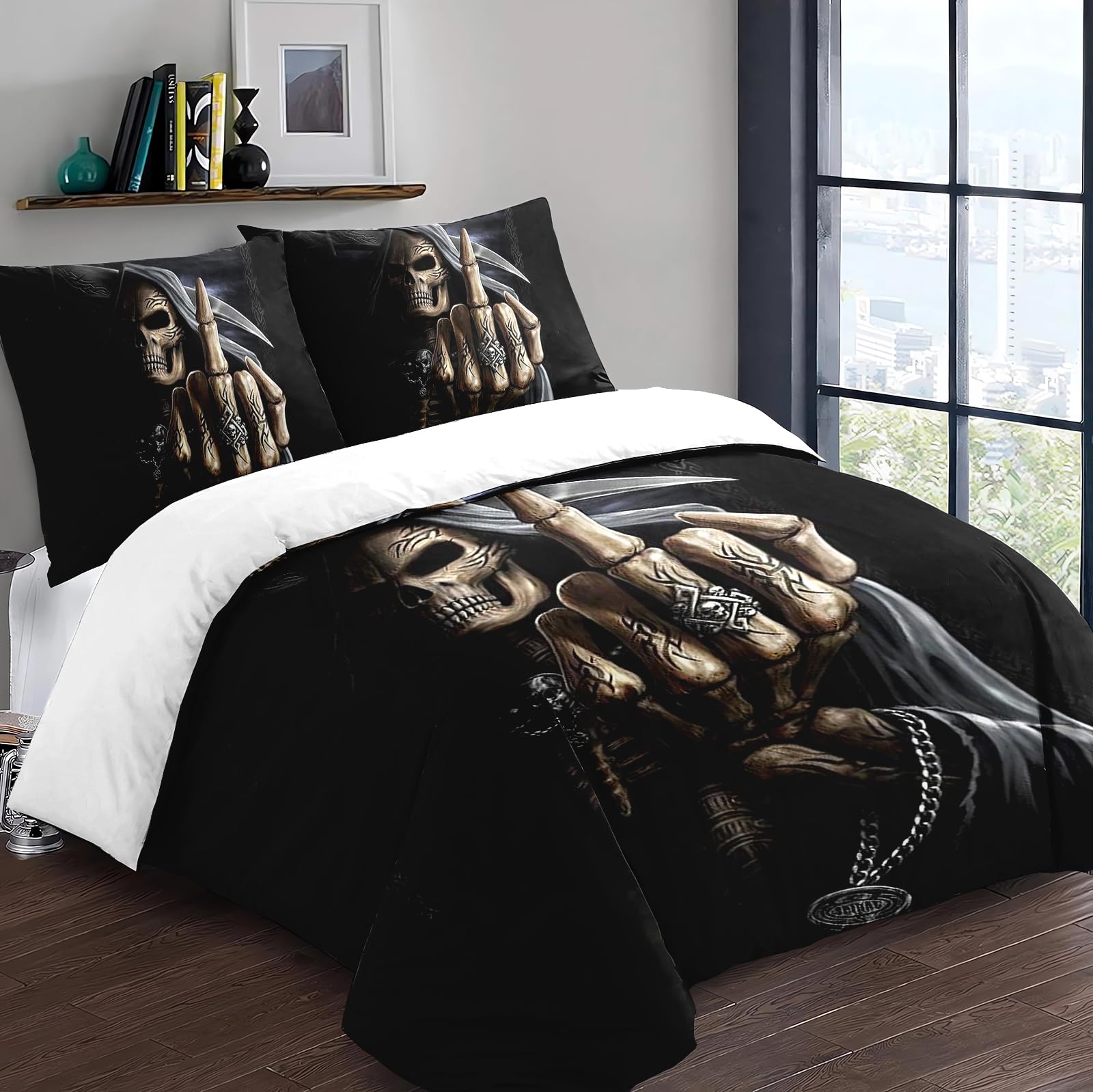 Yzehomijia Skull Pattern Duvet Cover Sets 200×200 cm, Gothic Style, Includes 1 Duvet Cover + 2 Pillowcases 65x65 cm.(K2×200) - Image 2