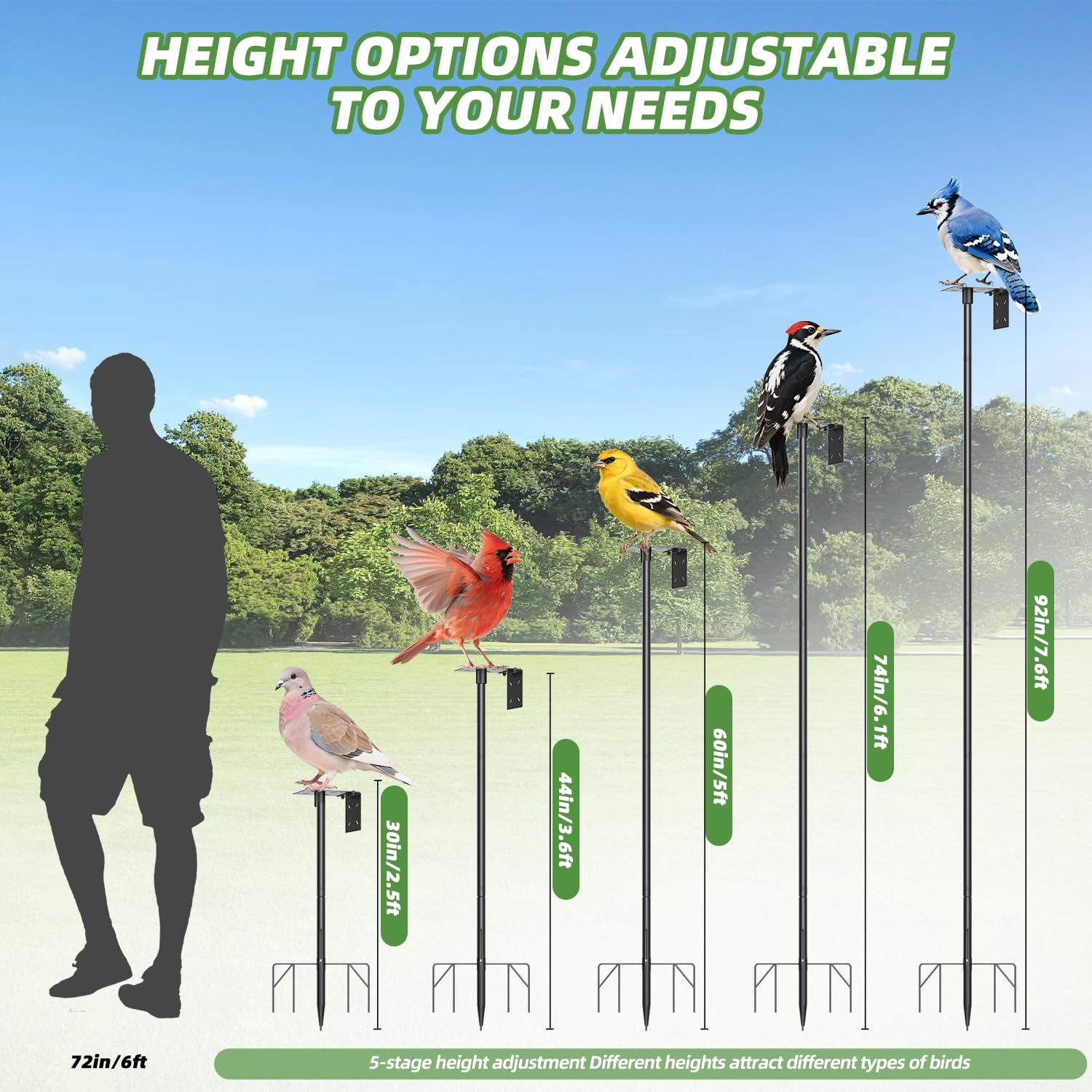 2026 New Heavy Duty Bird Feeder Pole,92 Inch Adjustable Bird House Pole for Outdoors,9-Prong Base & 1-Inch Dia Metal Mounting Kit,Bird Feeder Stand for Decor, Birdwatching & Weather Stations