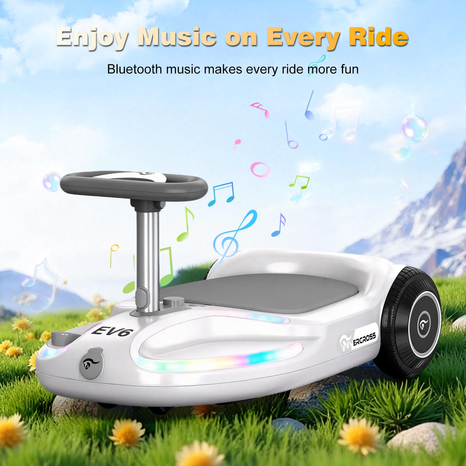 EVERCROSS EV6 Macchina Elettrica per Bambini, 4-in-1 Ricaricabile Auto Elettrica, 3 Velocità, Motore Brushless 90W, Anti-Ribaltamento, Luci LED & Bluetooth, Monopattino Pieghevole con Sterzo 360°