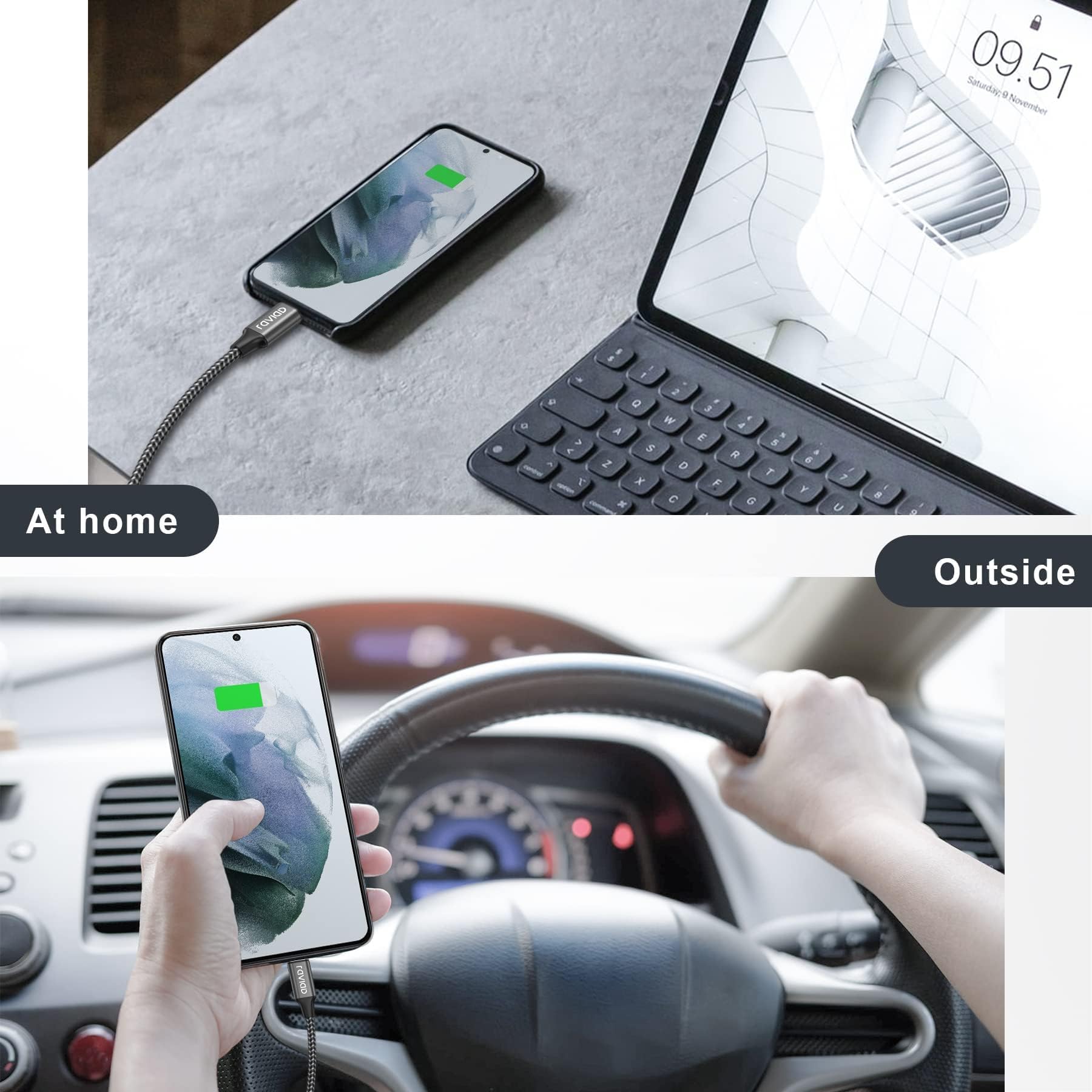 RAVIAD Cavo USB Tipo C 2 Pezzi 3m Nylon Ricarica Rapida Trasferimento Dati per iPhone 17 16 15 Pro Max Samsung Galaxy S24 S23 S22 S21 S10 S9 A40 A50 A70 OnePlus Realme Grigio