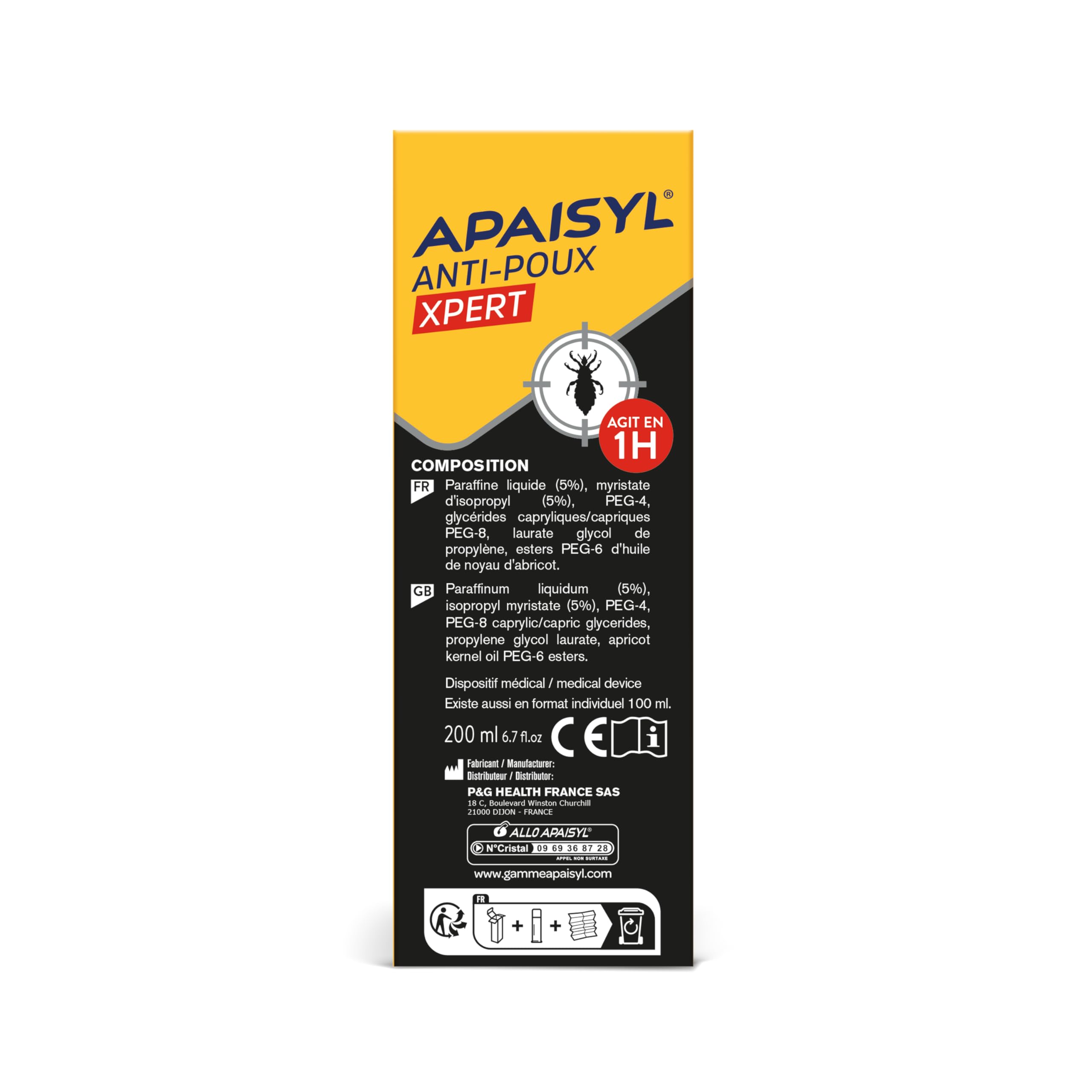 APAISYL, Lotion Anti-Poux Xpert, Tue 100% des Poux et des Lentes en 1 heure, 1 seule Application, Micro-Emulsion brevetée, Peigne Offert, 200ml