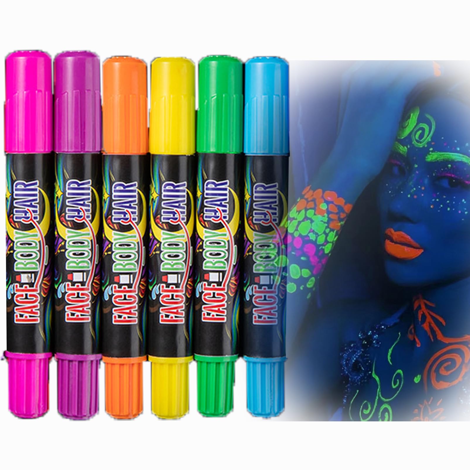 SHEBEEDONeon Glow Face Paint 6pcs Body Paint Sticks Crayons Glow In The Dark Party Accessories Rainbow Face Paint Stick Festival Accessories Kit