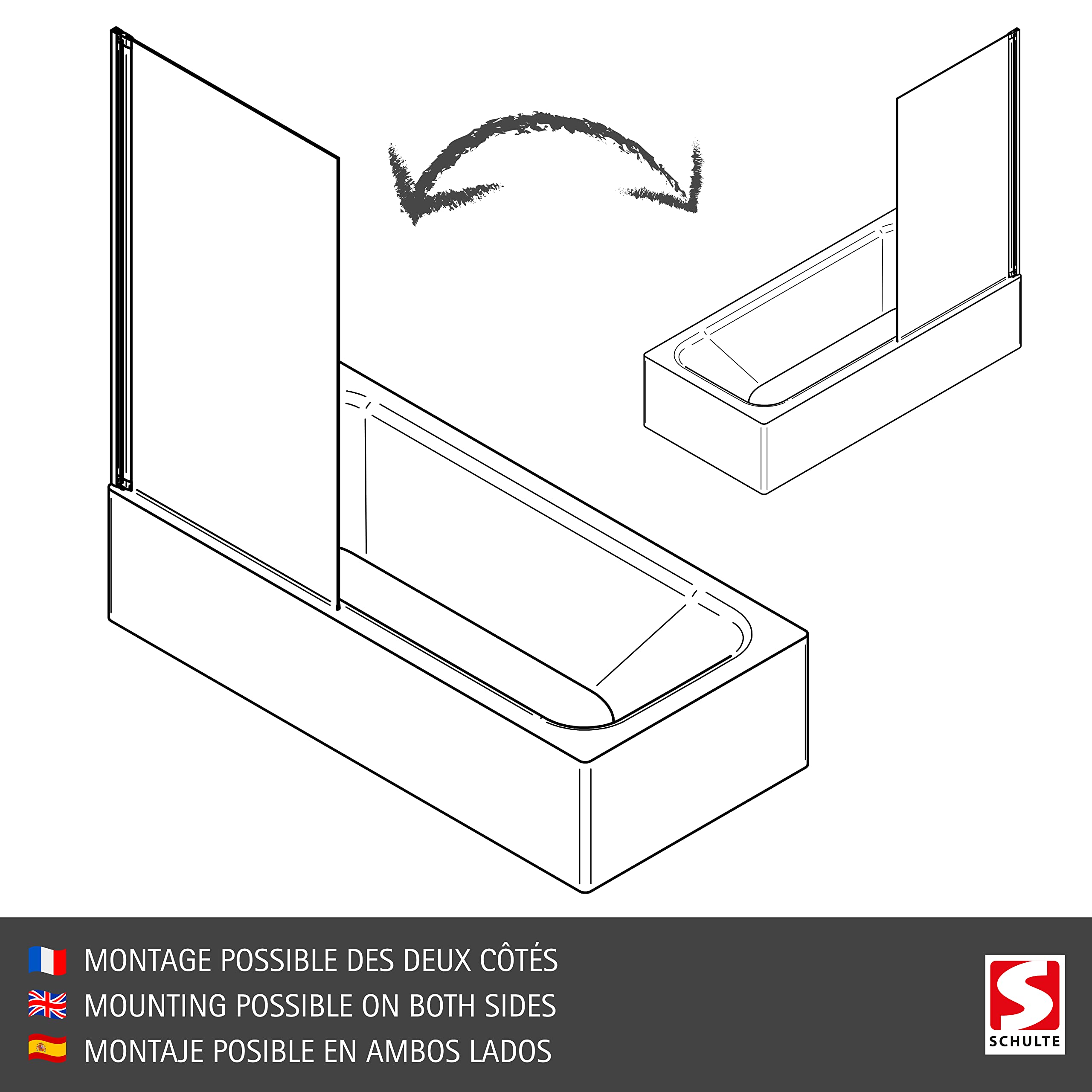 Schulte pare baignoire 80x140 cm porte-serviette chromé pivotant verre 5mm | réversible rabattable à 180° verre trempé