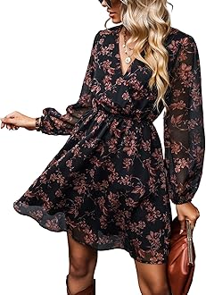 CUPSHEWomen's Floral Print Chiffon A-Line Mini Dress Long Peasant Sleeves Elastic Autumn Dress