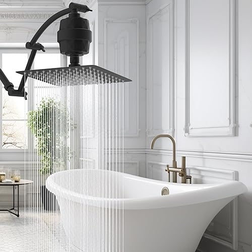 Miniatura 9 de Hibbent Alcachofa de ducha filtrada de metal, cabezal de ducha de lluvia de alta presión de 10 pulgadas con brazo de extensión de cabezal de ducha