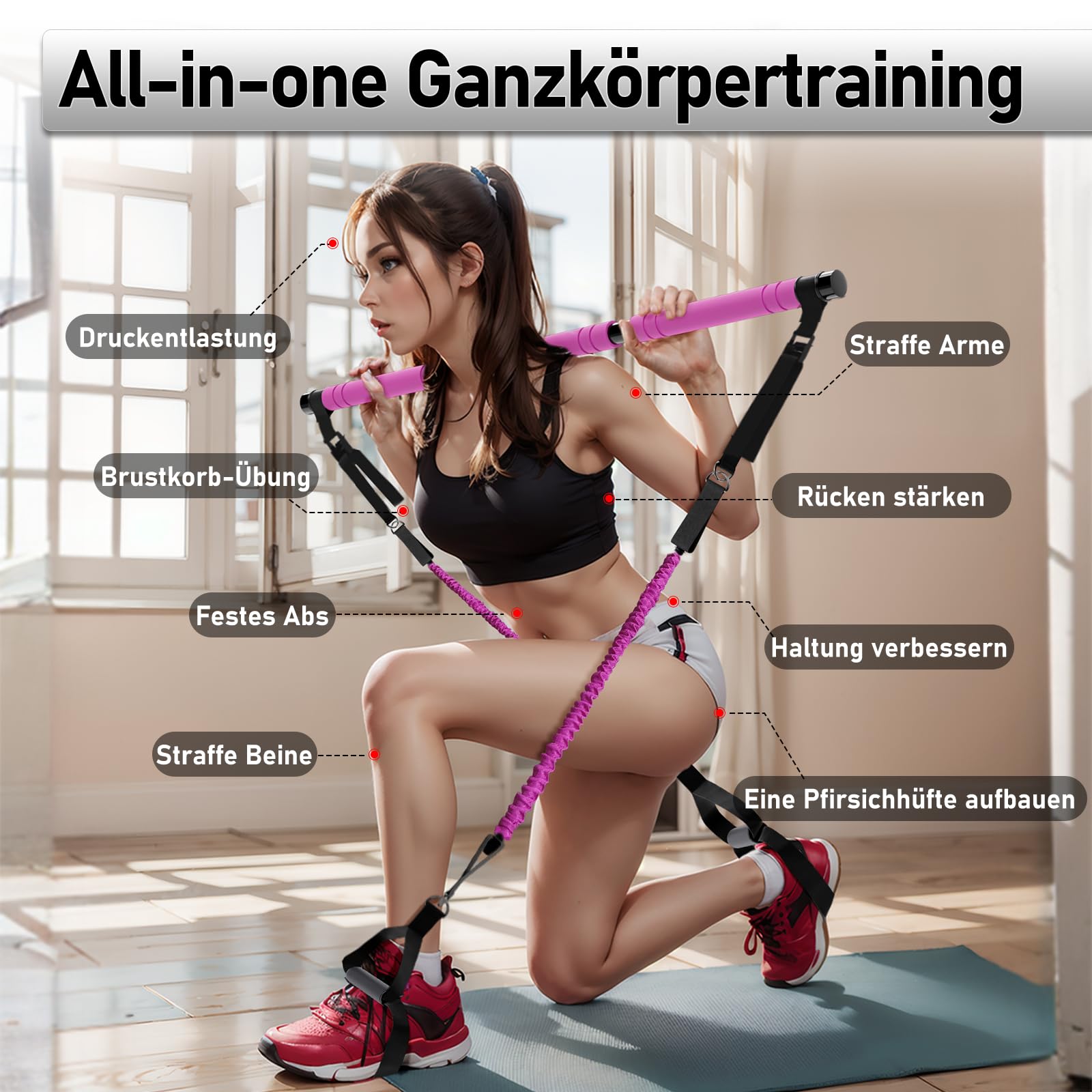 Pilates Bar Set mit 6 Widerstandsbänder, Fitnessbänder Pilates Stangen Set mit AB Rolle, 20/30/40lbs Resistance Bands, Griffe, Türanker für Krafttraining und Körperstraffung (Rosa)