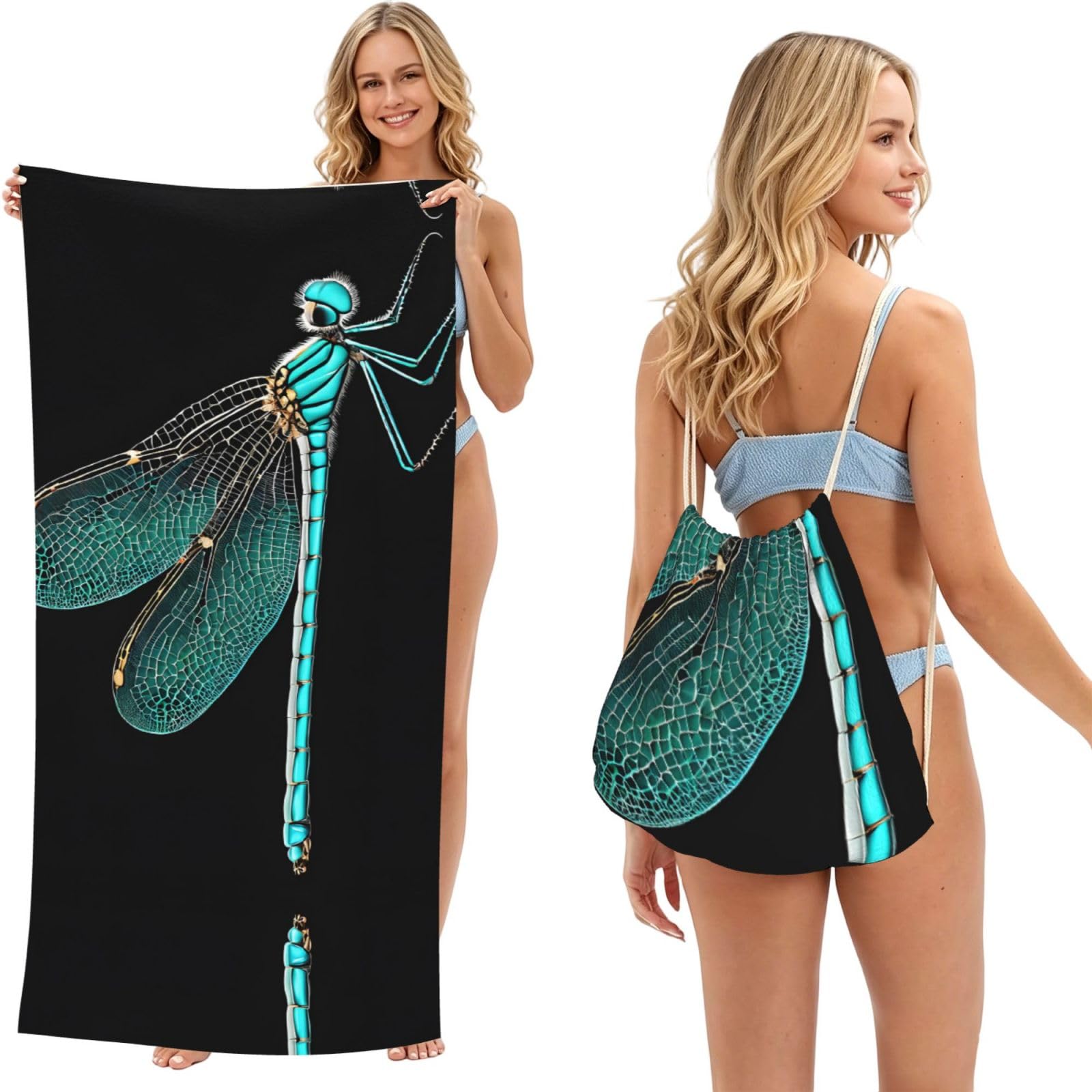 ESNAIUVCD Dragonfly Black Print Beach Towel For Adults,Towel With Drawstring Bag, Travel Pool Swimming Sports Shower Sand Free Quick Dry Bath Towel For Pool, Beach, Yoga- 180x60cm