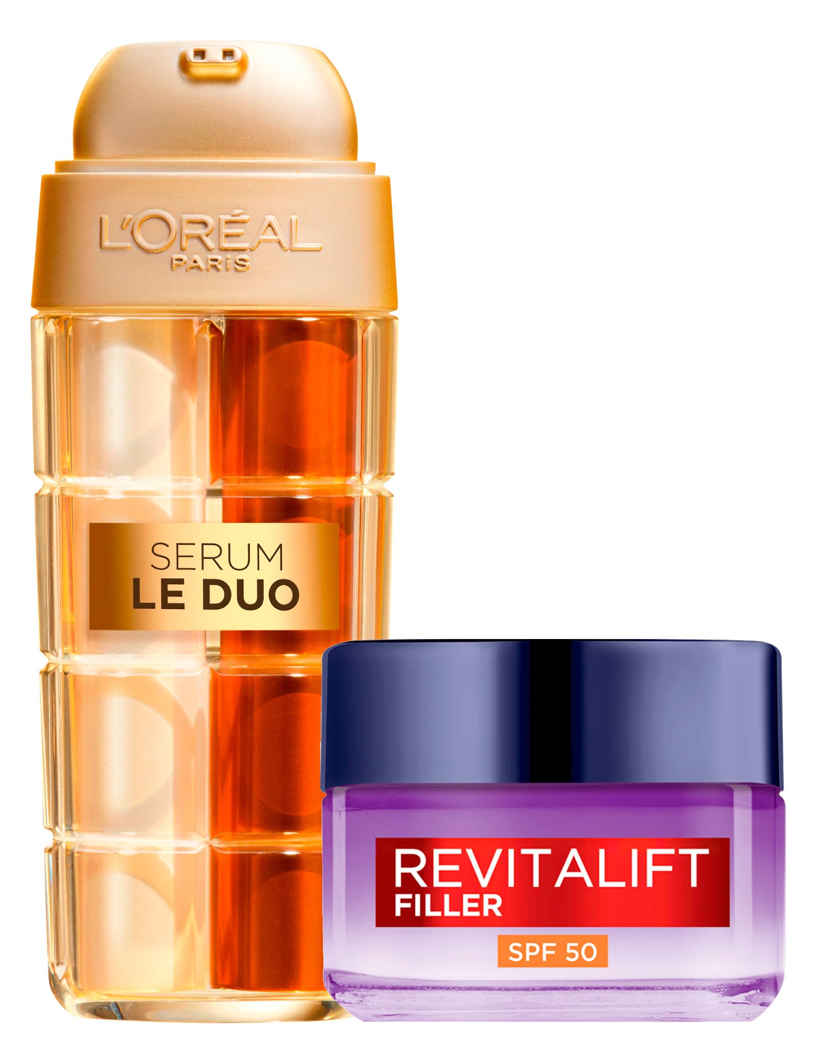 L'Oréal Paris Le Duo Serum Siero 2in1 Anti Età Antirughe Illuminante da 30ml + Revitalift Filler Crema Giorno Trattamento Rivolumizzante Anti-Rughe SPF 50 da 50ml - Set da 2