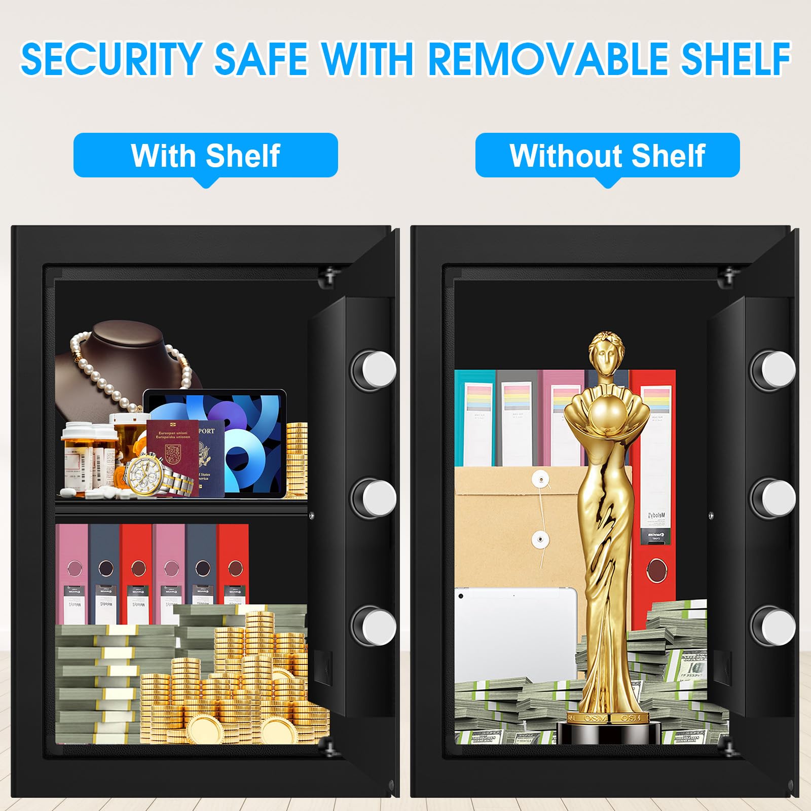 Große Home Safes Wasser- und Feuerfest mit digitaler Tastatur & Schlüsselschloss, Sicherheitssafe für Zuhause mit DIY abnehmbarem Regal, Anti-Pry Safe Box für Gelddokumente