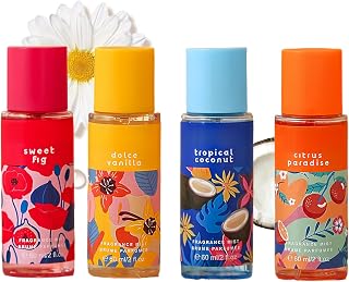 4 Piece Fragrance Mist Mini Gift Set for Women ,Travel Size Perfumes Hair & Body Spray, Citrus Paradise, Sweet Fig, Dolce Vanilla, Tropical Coconut – Perfect Birthday Holiday Gift for Her (1 Set)