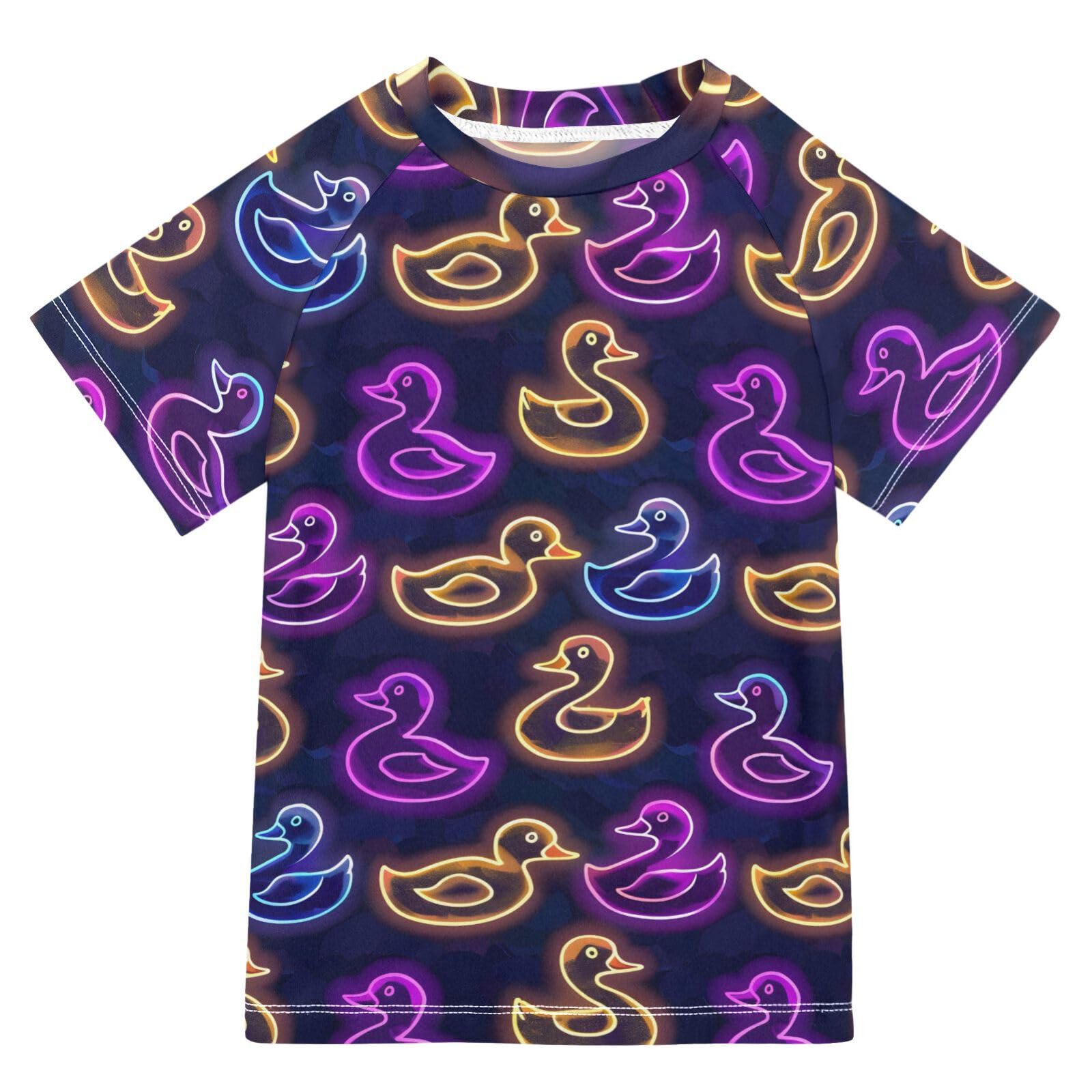Boys Rash Guard Short Sleeve Swim Shirts for Boys Neon Ducks Sun Protection 7-8T