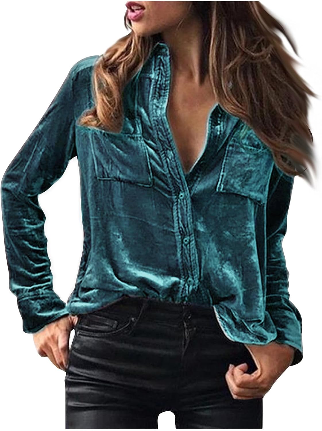 Velvet Tops for Women Vintage Long Sleeve Button Down Shirts Blouse 2024 Fashion Solid Color Tunics with Pockets