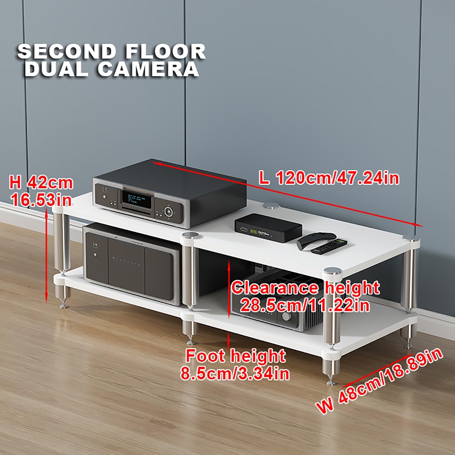 Scaffale portatile da gioco e supporto multimediale, torre rack audio per proiettore, lettore DVD, console di gioco e decoder via cavo, elegante soluzione di archiviazione AV (bianco, 120 x 48 x 42 cm