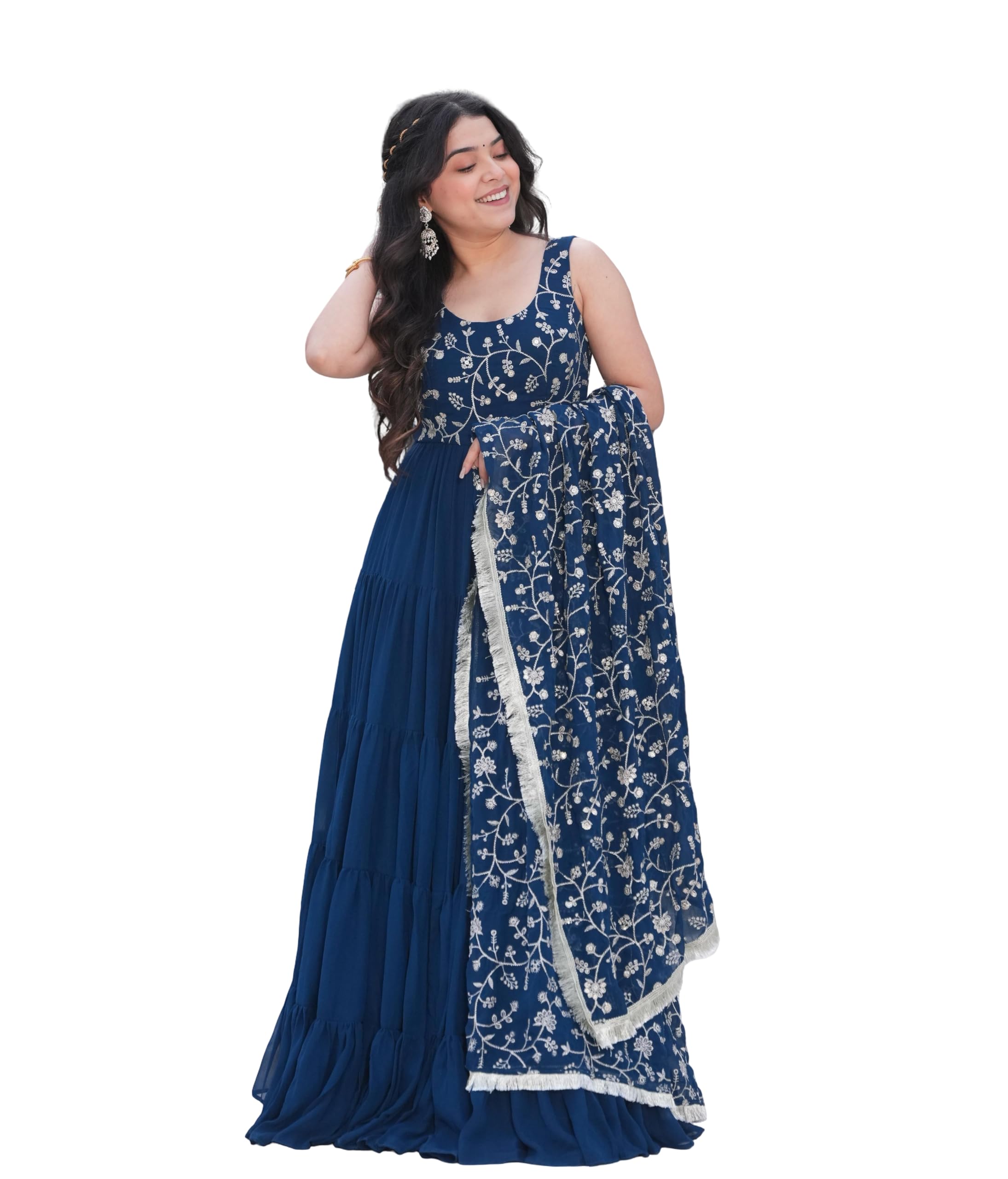 Elegant Gown with Embroidered Dupatta – Floor-Length Traditional Indian Gown, Ethnic Indian Wear-image-16