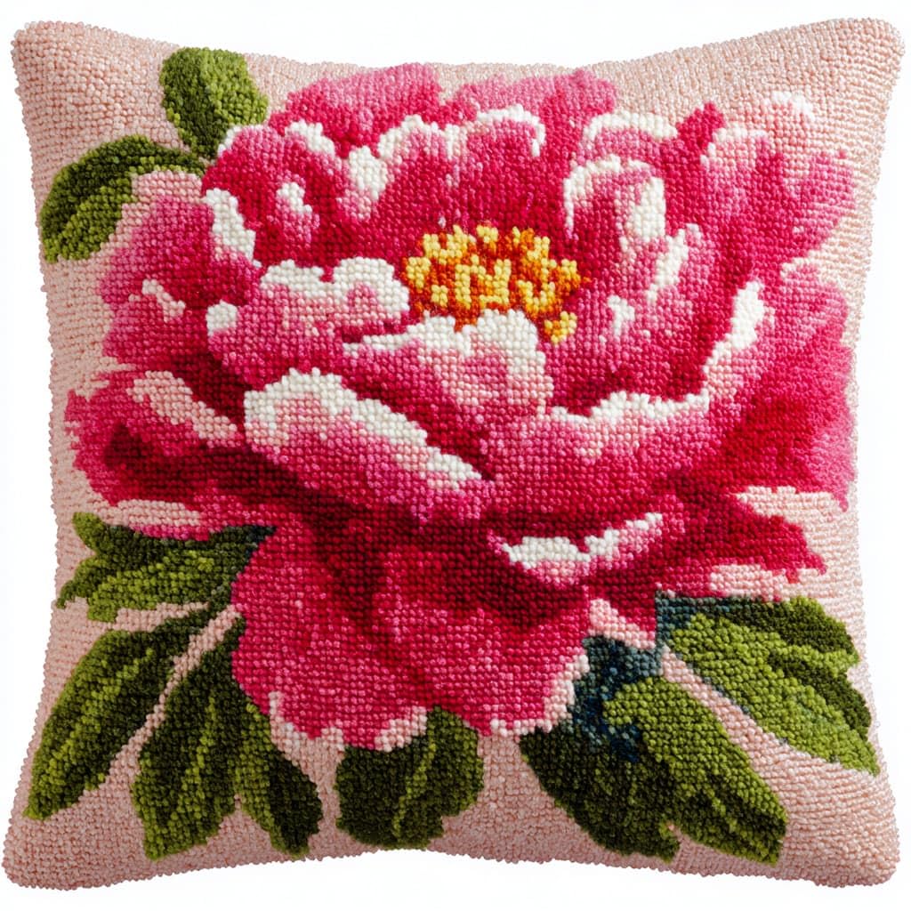Taxpy DIY Latch Hook Pillow Kits, Peony Flowers Throw Pillow Cover Pre-Printed Patterns Pillowcase Needlework Crochet Yarns Latch Hooking Cushion for Sofa Decor 17x17inch
