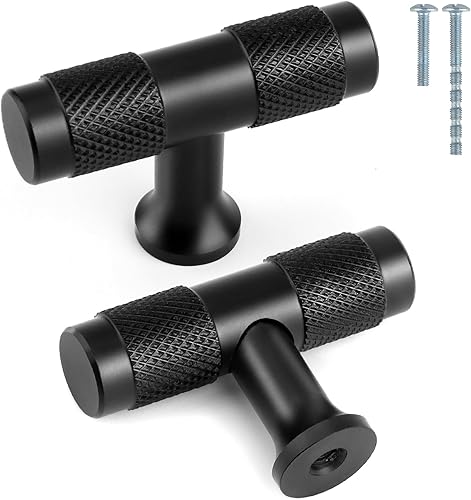 Kalolary Paquete de 6 tiradores de gabinete con barra en T de 2 pulgadas, manijas de un solo agujero, pomos de cajón de cocina, manijas moleteadas,