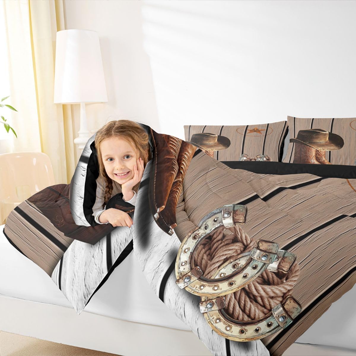 Cowboy Comforter Set Queen Western Texas Star Horseshoe Bedding Set For Adults Men Boys Rustic Farmhouse Bedding Comforter Sets Cowboy Boots Hat Quilt Duvet Brown Wild West Style Room Decor 3 Pcs