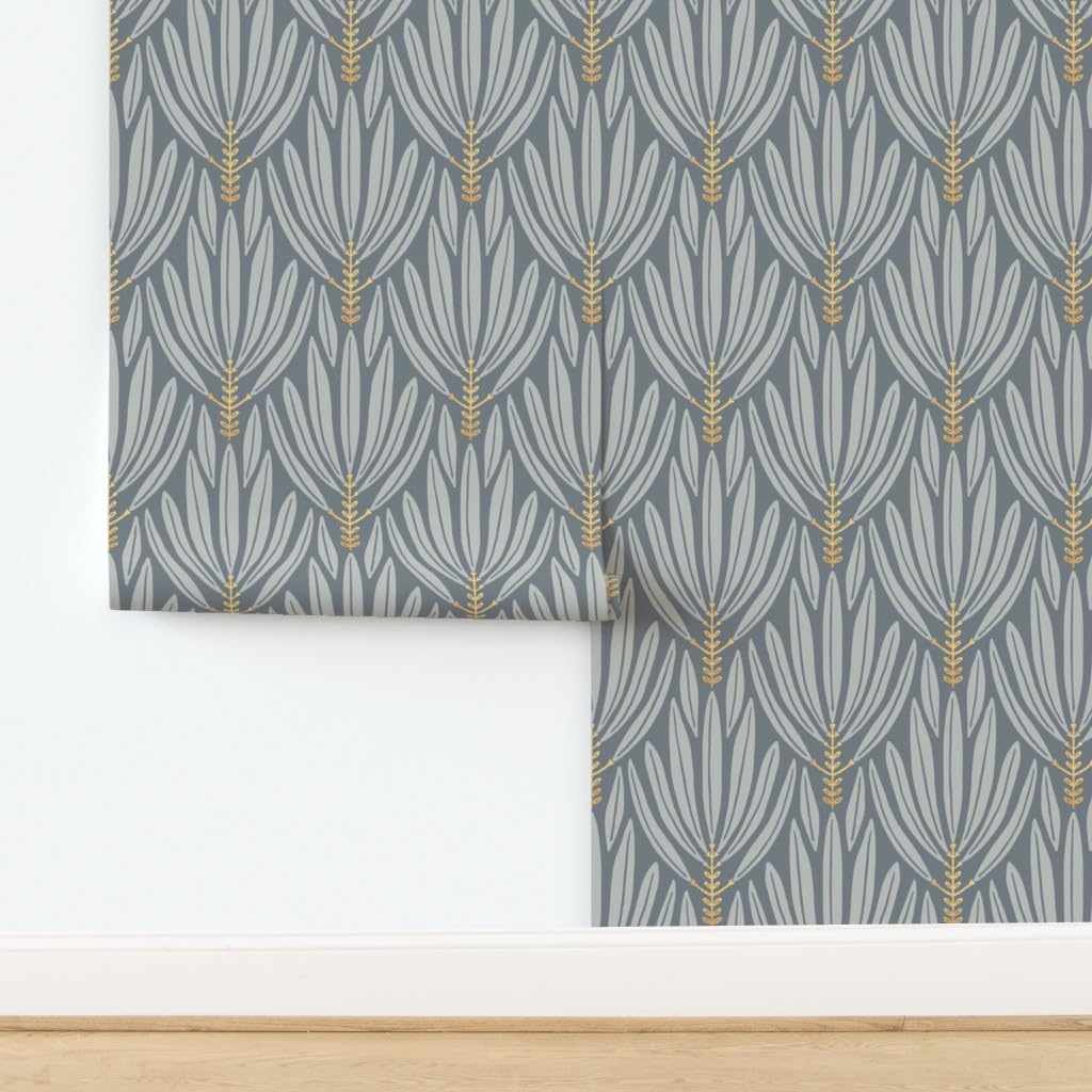 Spoonflower Removable Wallpaper Swatch - Frond Leaves Botanical Elegant Minimal Grey Custom Pre-Pasted Wallpaper