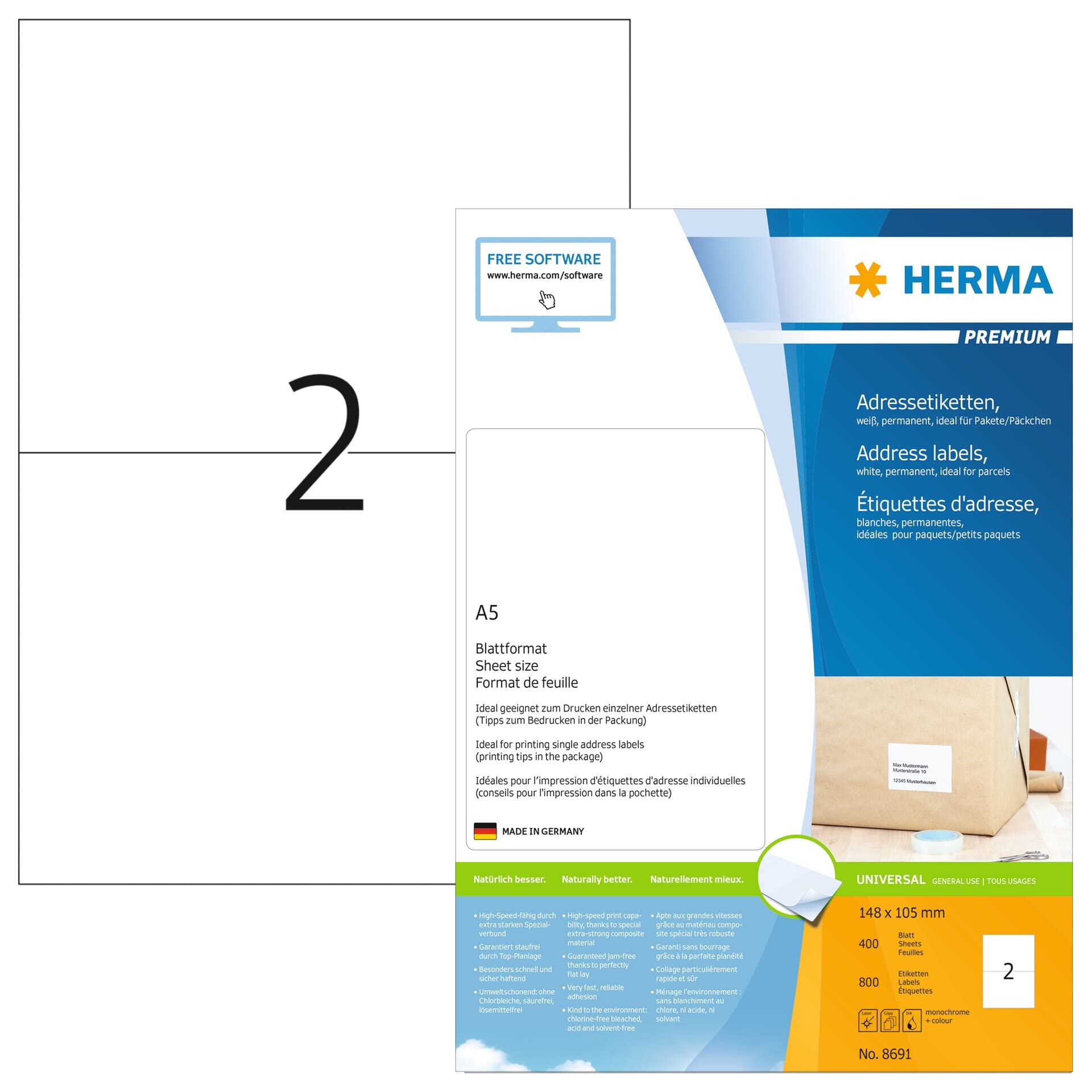 HERMA Self Adhesive Shipping Labels, 2 Labels per A5 Sheet, 400 Sheets, 148 x 105 mm, 800 Labels, Blank Parcel Labels Stickers, Sticky Labels for Laser & Inkjet Printer, White