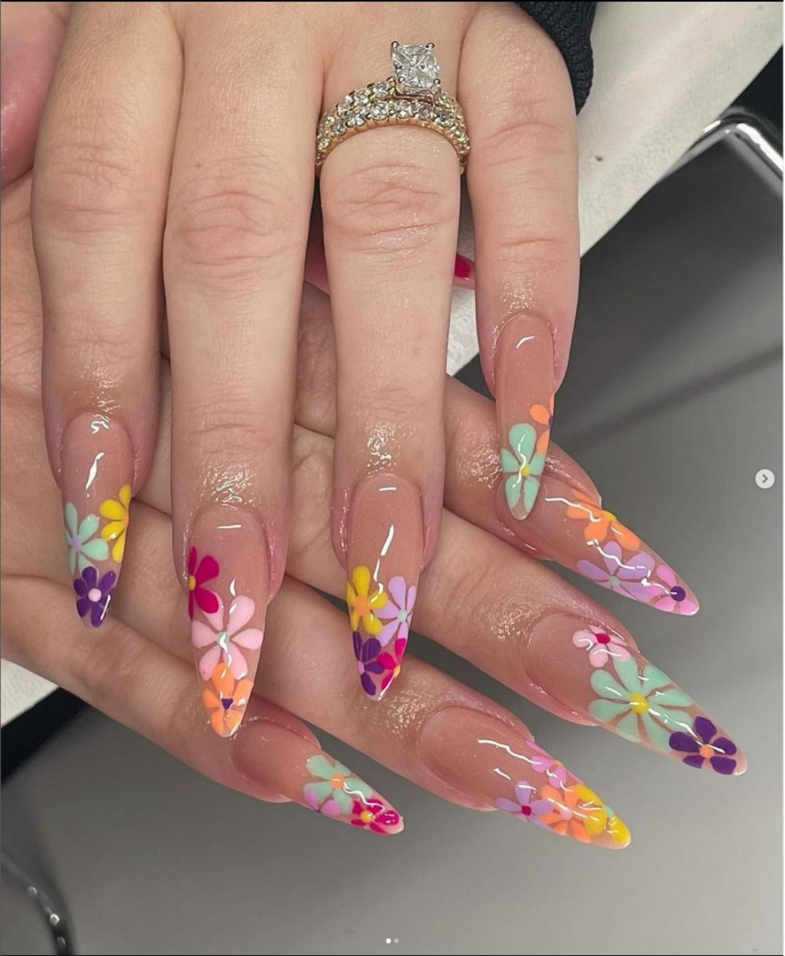 フルーリアキット ネイル JUSTOTRY 24 Pcs Colourful Flower Stiletto Fake Nails Long,Rainbow