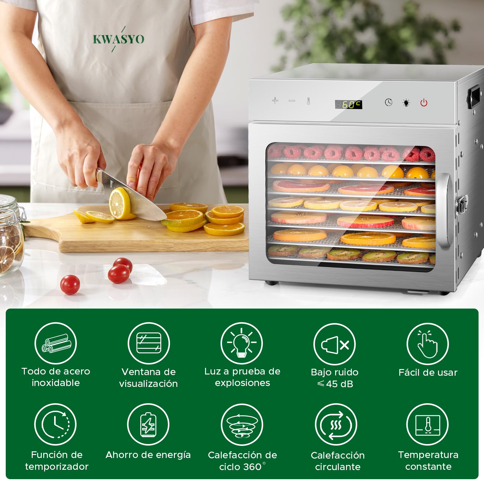 Kwasyo 8 Bandejas Deshidratador de Alimentos, Recetas Temperatura Ajustable 30-90℃, Acero Inoxidable Completo, Temporizador de 24 horas, Deshidratadora de Frutas, BPA Free