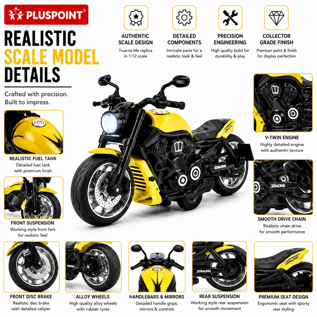 PLUSPOINT Diecast Motorcycle Toy Bike Model | Alloy Metal Superbike Simulation Vehicle with Realistic Details | Collectible Motorbike for Kids, Adults & Car Dashboard Display 3