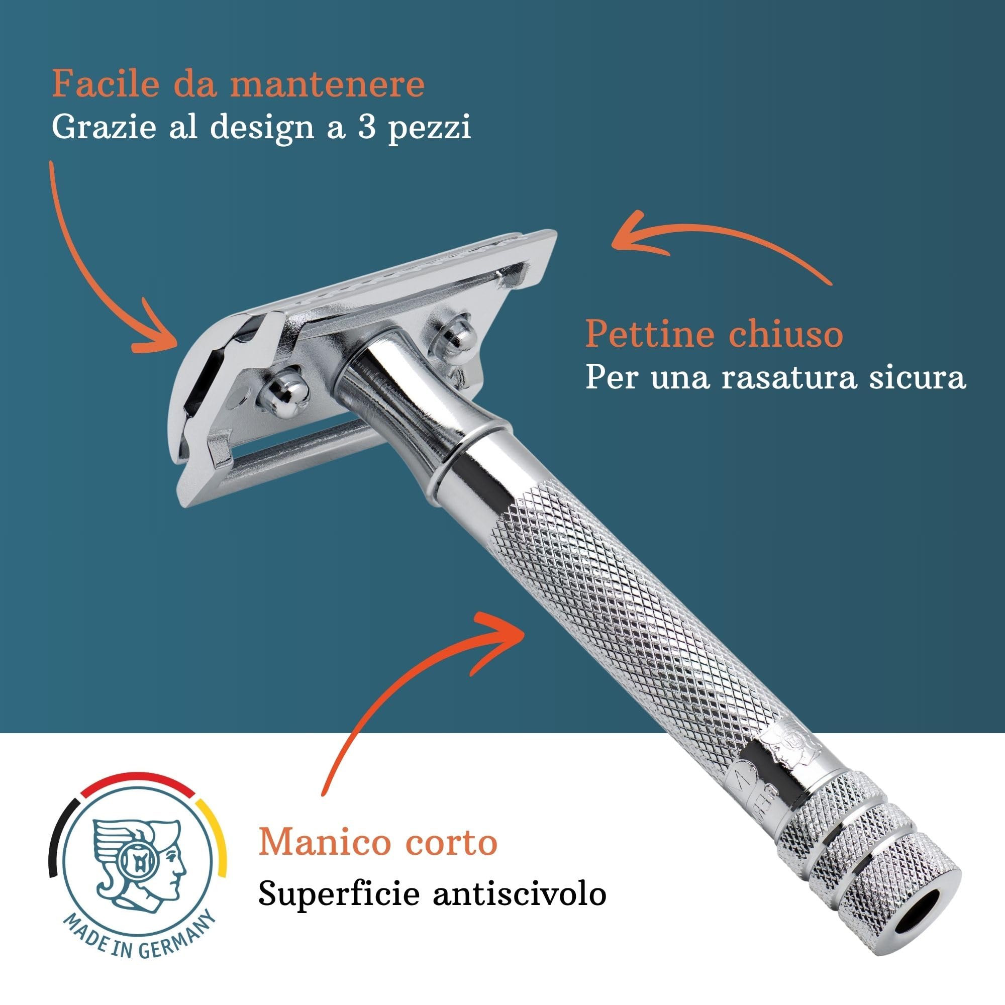 MERKUR Rasoio 33C | classico cromato lucido | rasoio a tre pezzi con taglio dritto | pettine chiuso | ideale per rasatura a umido | zinco pressofuso | manico in ottone | Made in Germany