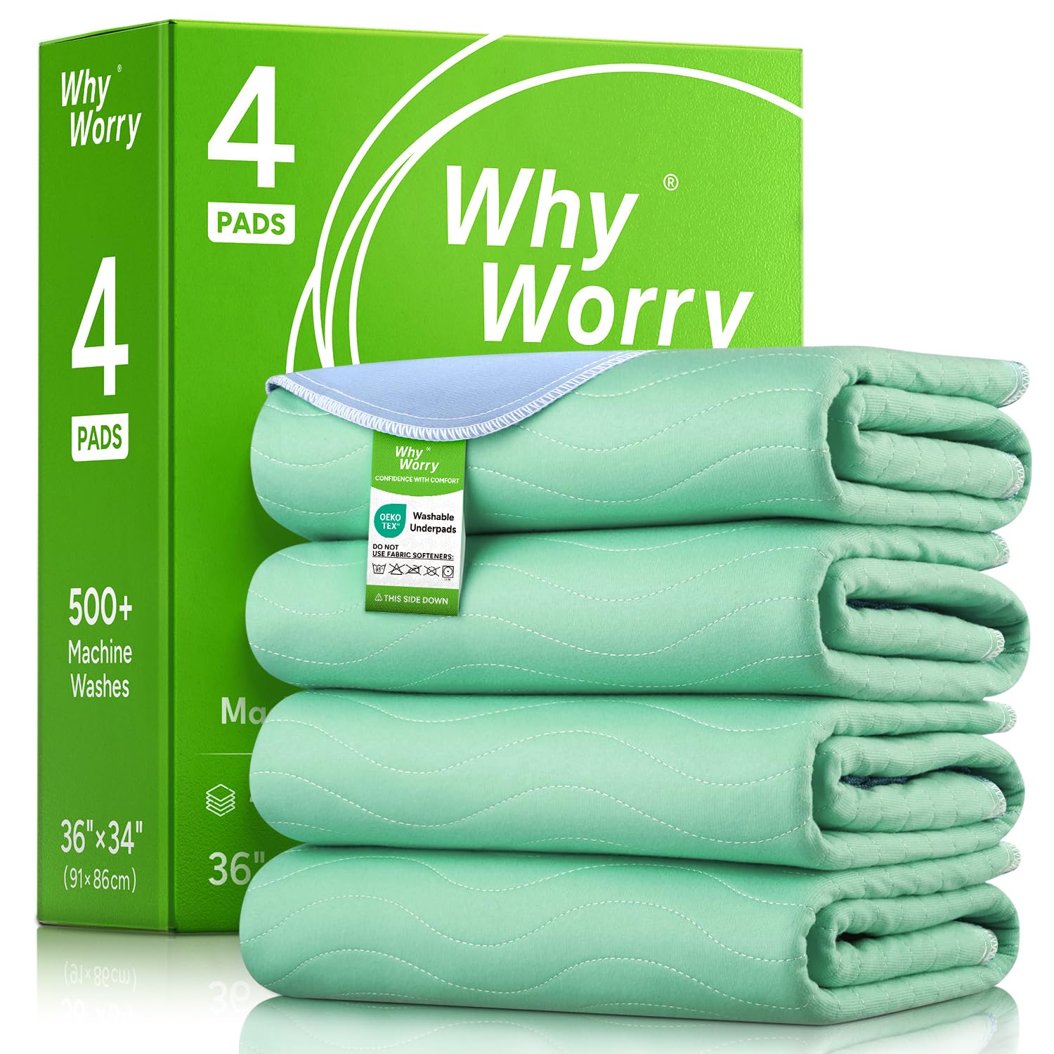 WhyWorry Washable Bed Pads for Adult Incontinence, 34" x 36" (Pack of 4) Washable Pee Pads for Bed Wetting, Heavy Absorbency Reusable Underpads for