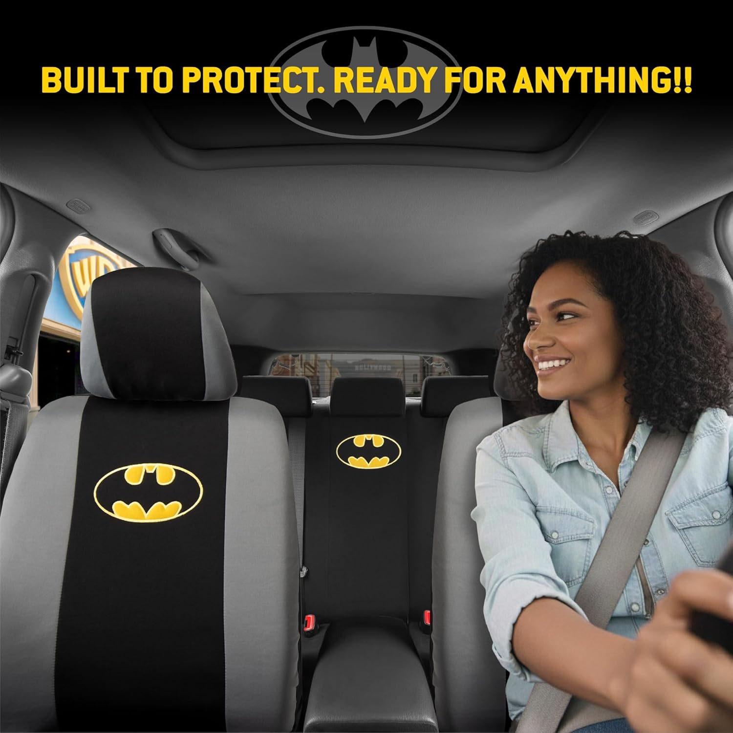 BDK Warner Bros DC Comics Batman Car Accessories 9pc Set - Universal Fit Car Seat Covers with Side Airbag Compatibility - Easy to Install for Car, Truck, Van, and SUV - Front & Rear Seats