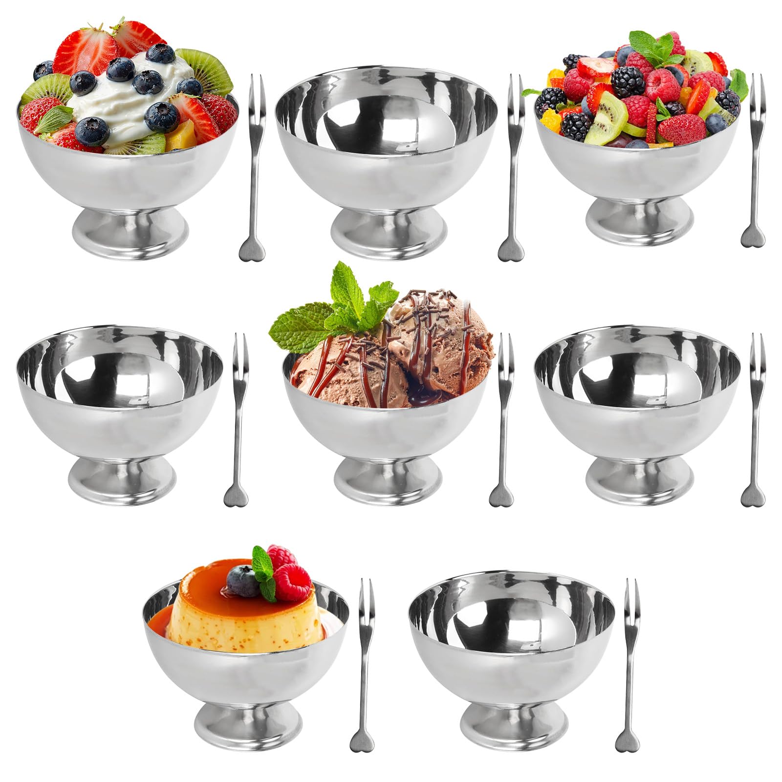 Buachois 8 Juegos Vaso de Helado de Acero Inoxidable Copa de Helado Cuencos Tazas de Postre Yogur con Patas Redondas Plateado Tazas Pudín Reutilizable con Tenedor para Postre Sundae Frutas Pie Postres