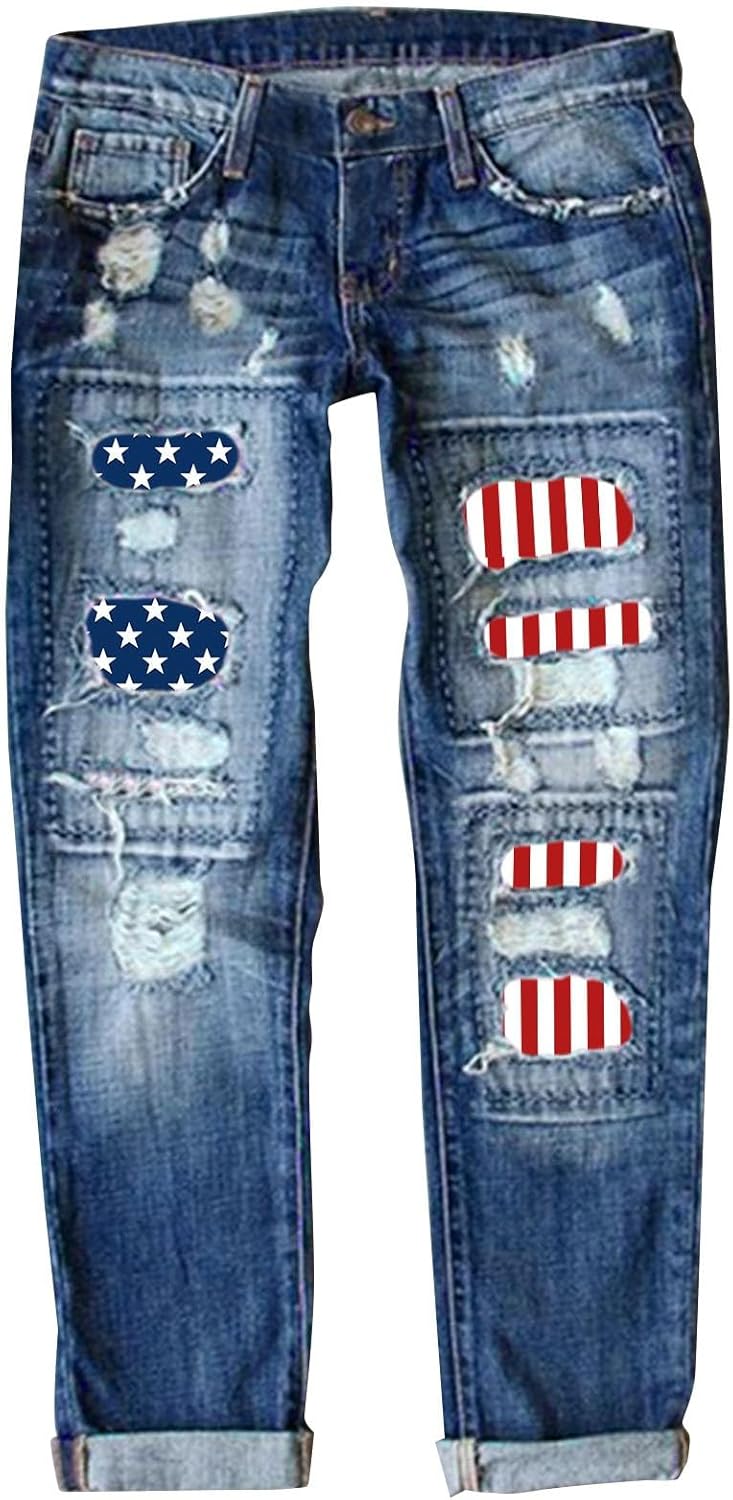 4th of July Ripped Jeans for Women USA Flag Star Striped Patch Cut Out Distressed Boyfriend Patriotic Denim Jeans