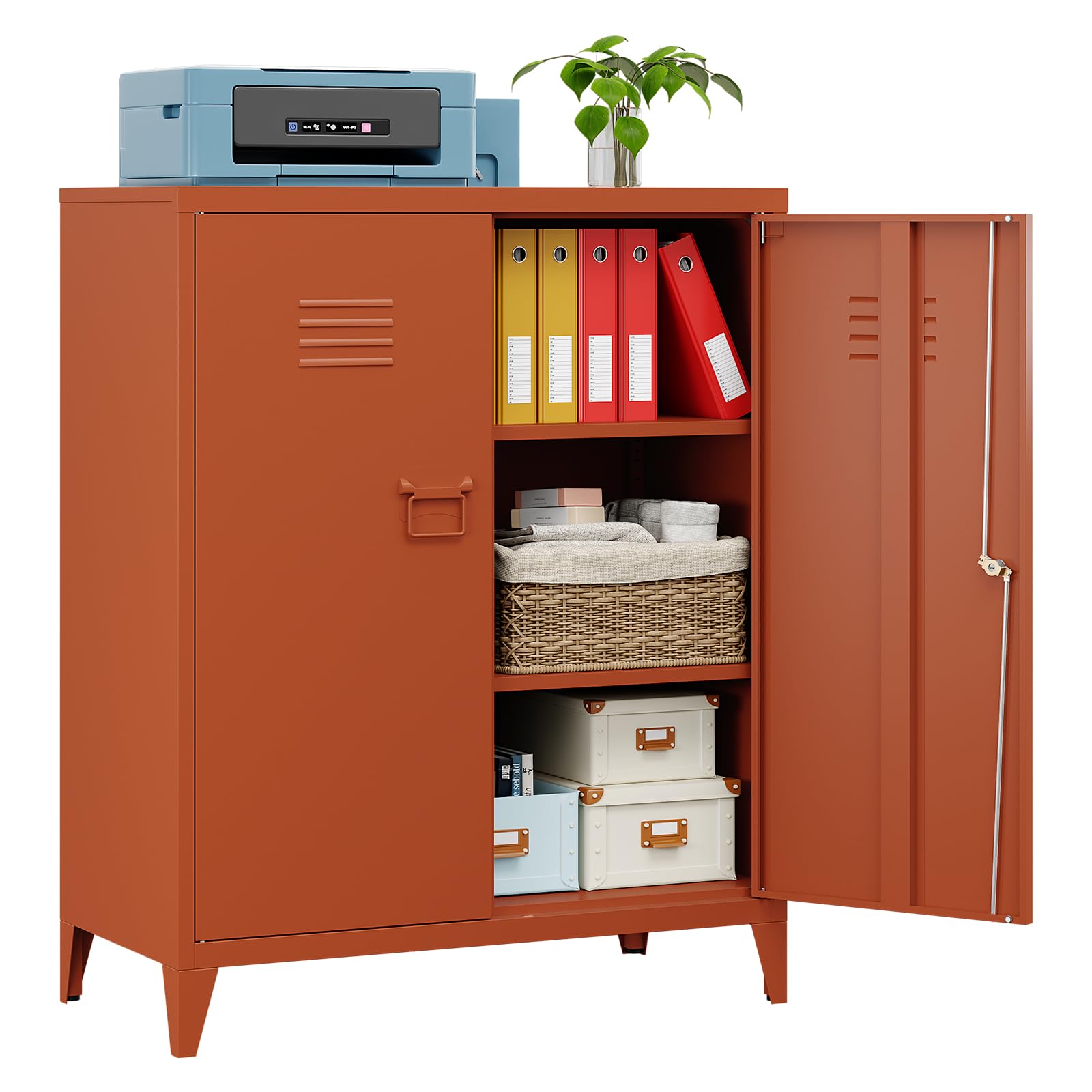 Sightlife Metal Sideboard Storage Cabinet With Locking Doors Office Storage Cabinet Adjustable Shelves Lockable Filing Cupboard Floor Standing Sideboard for Home Office 80 x 40 x 100cm (Orange)