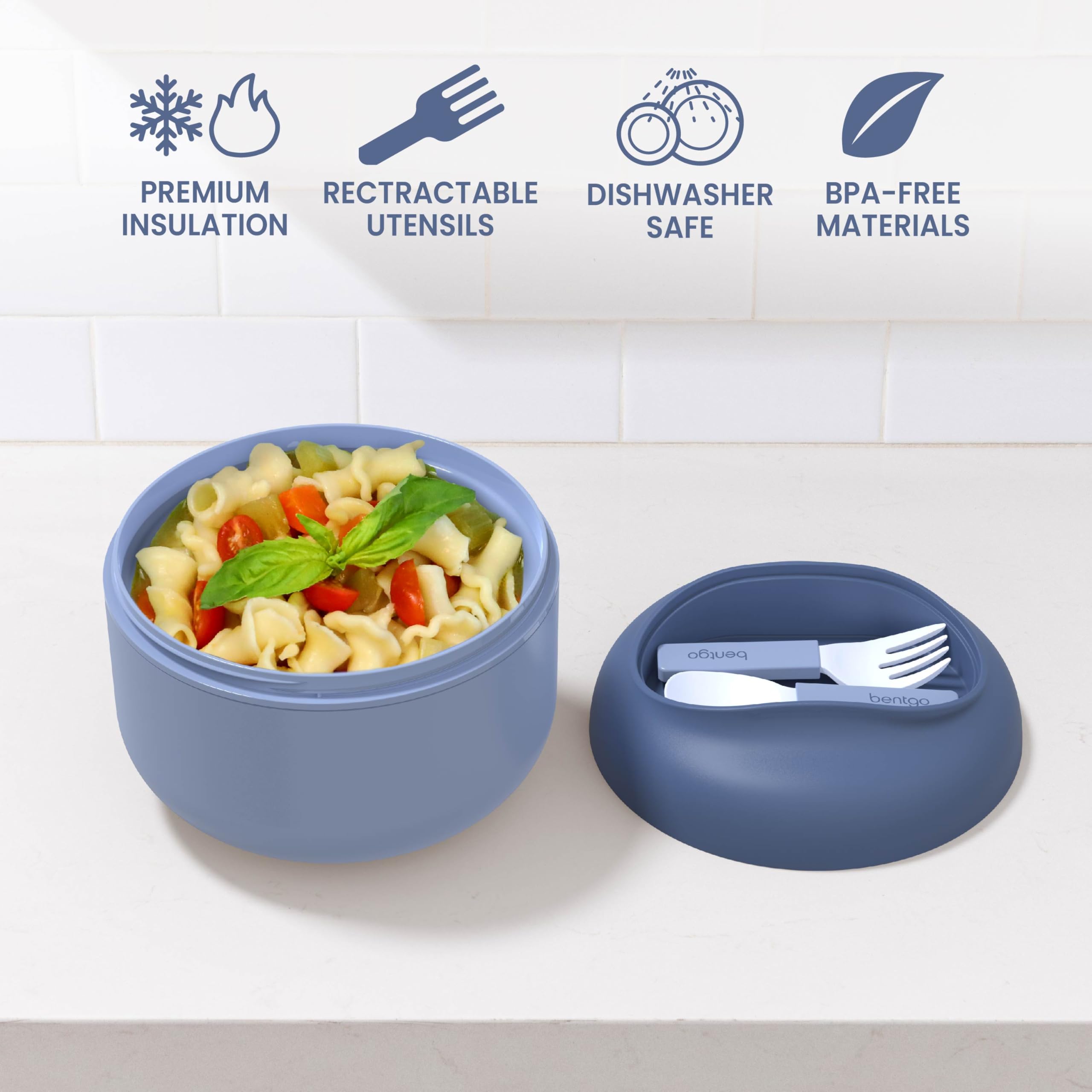 Bentgo Schüssel – Isolierte, auslaufsichere Schüssel mit Snackfach, faltbaren Utensilien und verbessertem, griffigem Design für unterwegs – hält Suppe, Müsli und mehr – BPA-frei, 600 ml (Schiefer) | Vakuumisolierter Edelstahl, auslaufsicher, breite Öffnun