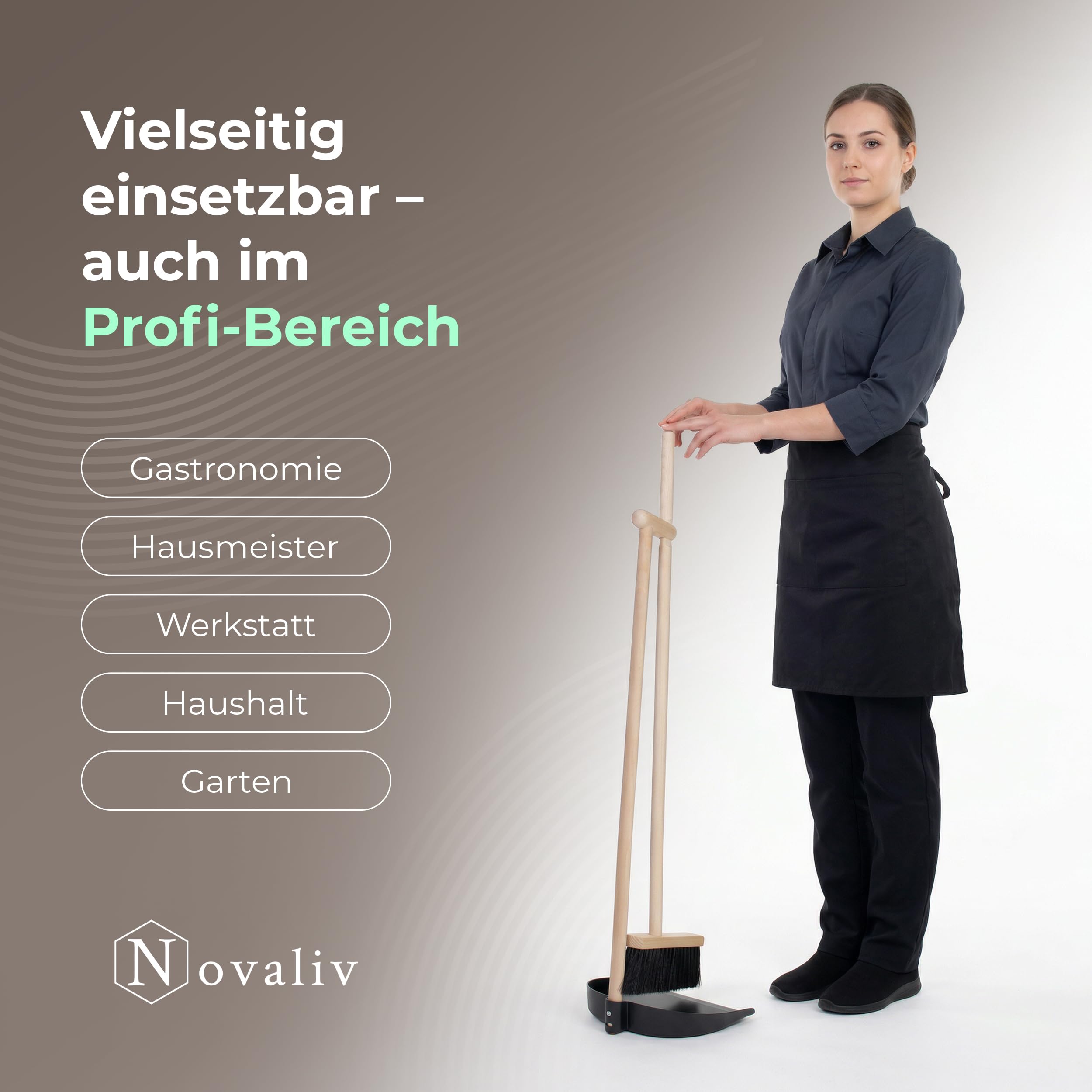 Novaliv Kehrschaufel Set mit langem Stiel – Stehkehrgarnitur Holz, Besenkopf Buche & ABS-Schaufel, aufrecht kehren ohne Bücken, 92 cm