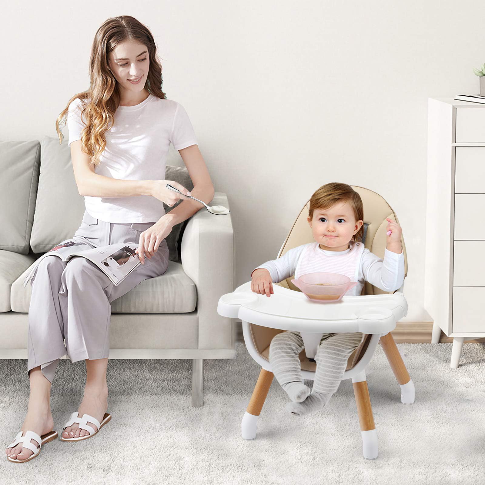 RELAX4LIFE 4 in 1 Seggiolone Pappa, Seggiolone Evolutivo con Vassoio Rimovibile e Cintura di Sicurezza, Altezza Regolabile in 4 Posizioni, per Bambini e Neonati 6-36 Mesi (Classico, Beige)