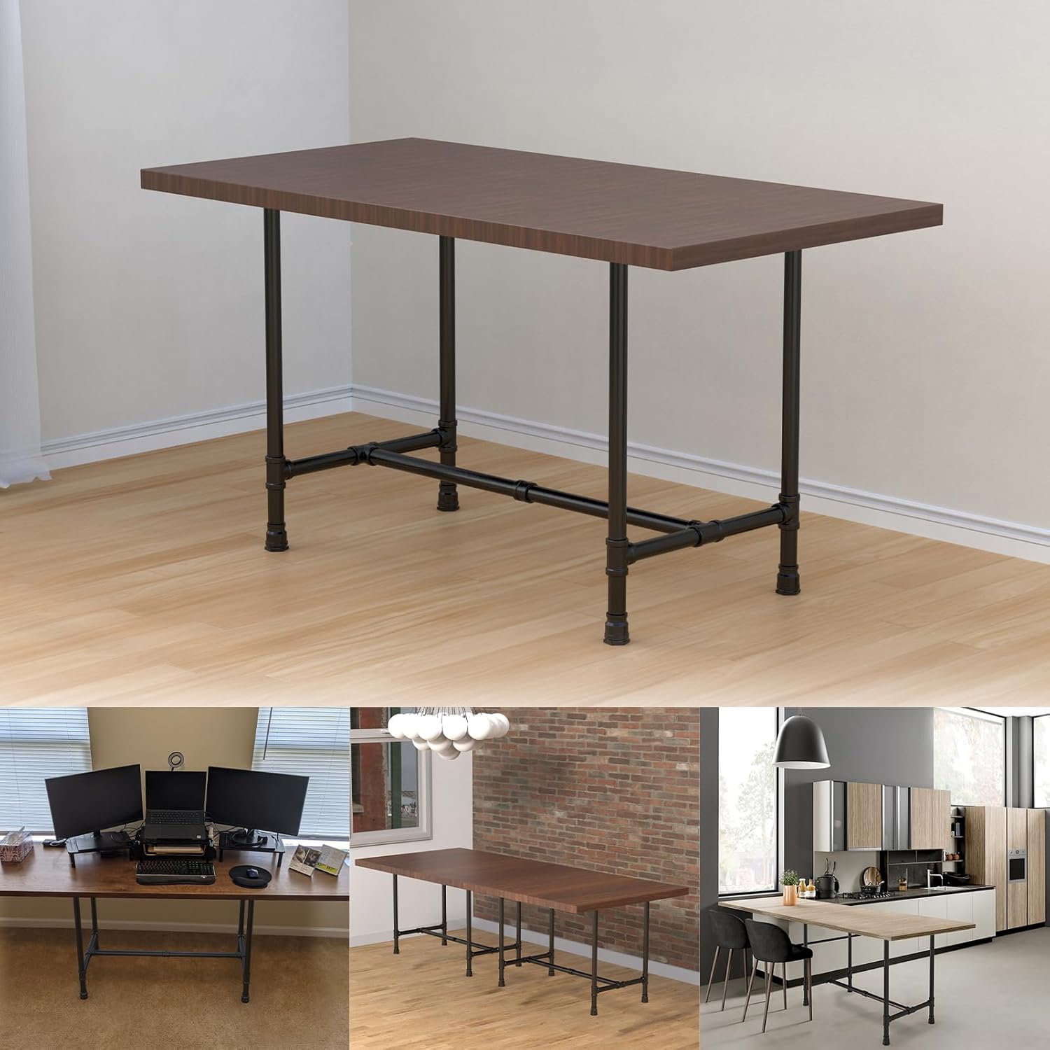 28 Inch Industrial Pipe Table Legs Set, Dark Grey Black Metal Iron Desk Legs Base for Coffee, End Table & Nightstand, Vintage Mid-Century Style Pipe Furniture, Rustic Metal Frame Desk Leg Kit