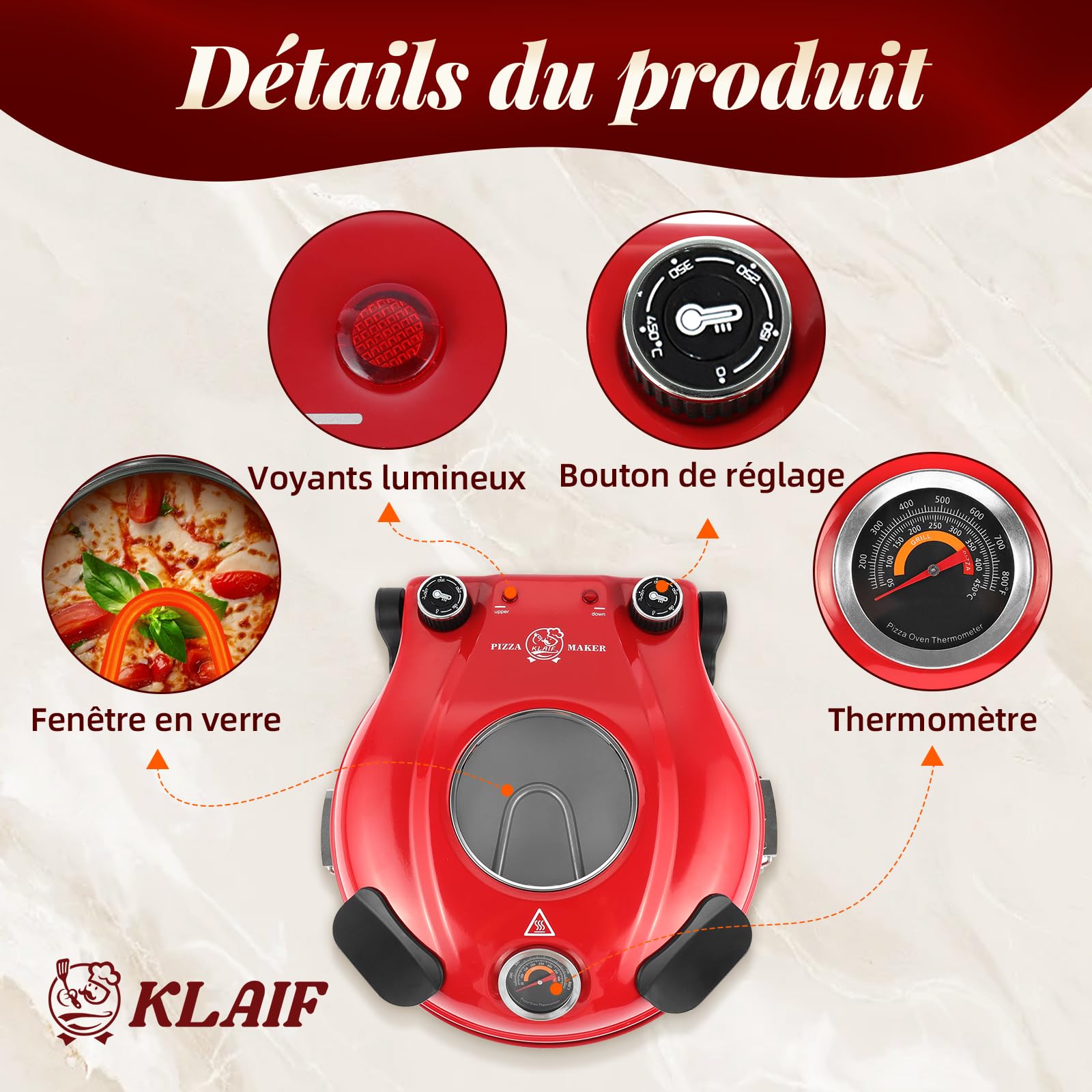 KLAIF Four à Pizza Électrique 420 °C, chaleur supérieure et inférieure réglables séparément, pierre à pizza en céramique 31 cm, 1200 W, four à pizza compact pour la maison, modèle LM-Rouge