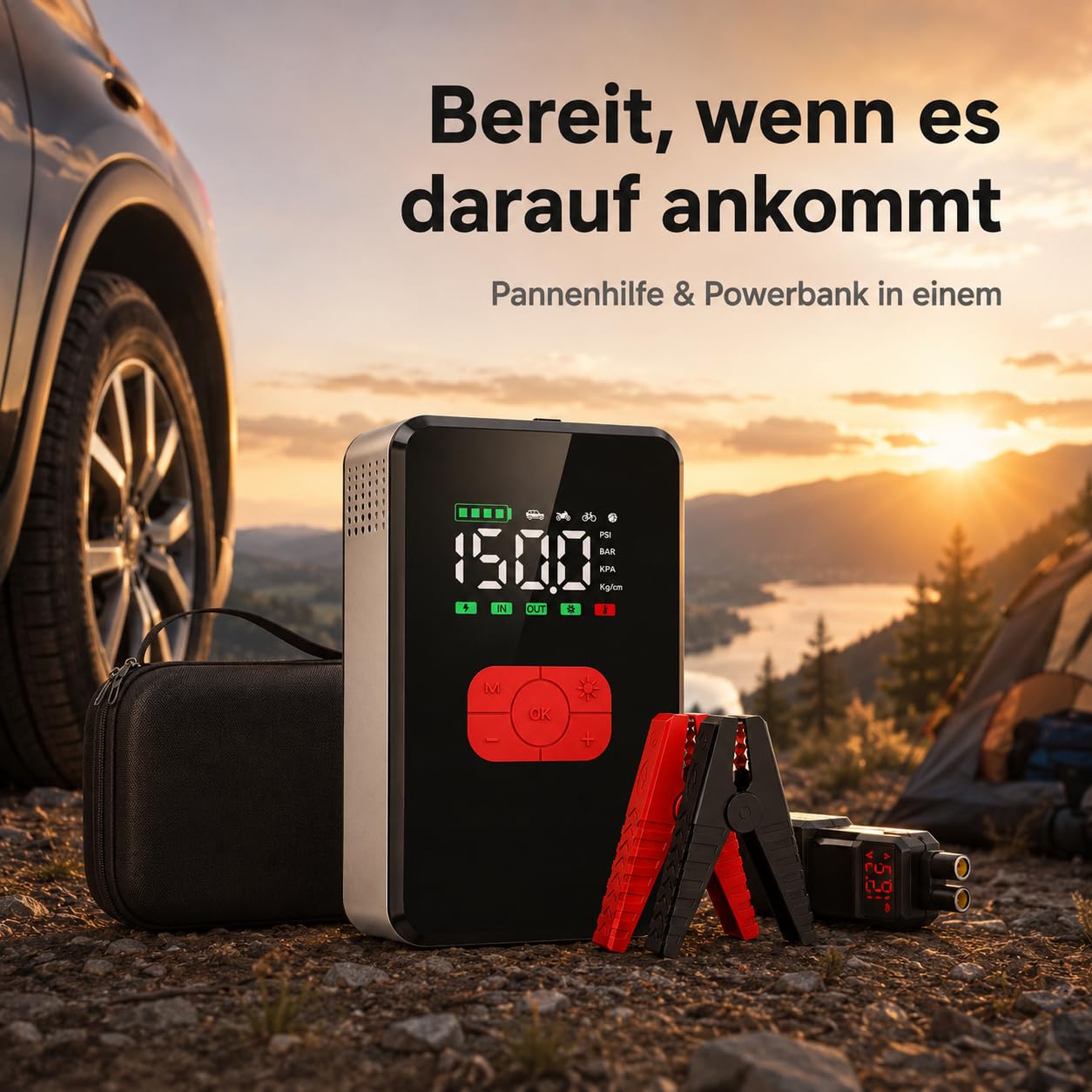 7000A Starthilfe 12V mit 26800 mAh Powerbank, 150 PSI Kompressor, LED-Notlicht SOS, 3,3" Display, Auto Motorrad Fahrrad Reifenpumpe, Pannenhilfe & Camping