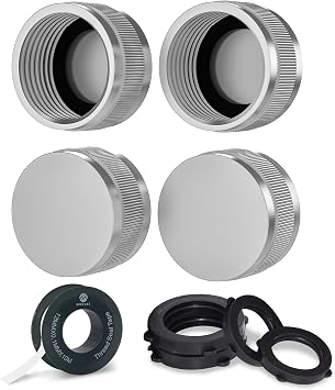 Morvat Nickel Plated Brass Garden Hose End Cap Connector & Adapter for Outdoors، Female Faucet Cover & Plug with 34 Threads for Water Sprinklers & Spigots، يشمل شريط تفلون و 8 غسالات ، 4 Pack