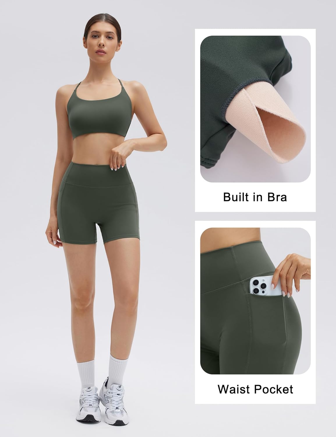 SUUKSESS Women 2 Piece Workout Sets Strappy Sports Bra High Waist Biker Shorts with Pockets - Image 2