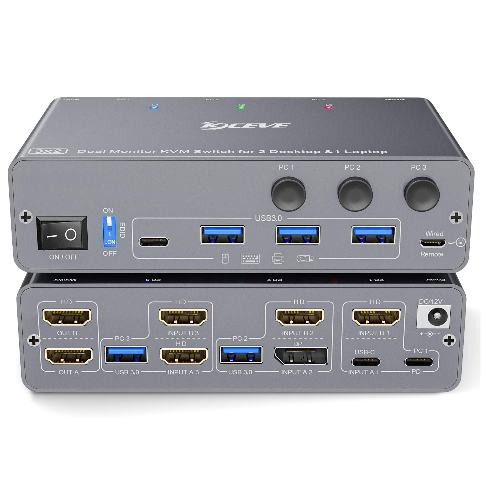 4K@60 Hz USB C HDMI DP Dual Monitory KVM Switch 2 PC 1 Laptop Share 2 monitory i 4 porty USB 3.0, symulacja EDID, PD 60 W, do laptopa, z pilotem kablowym i kablem
