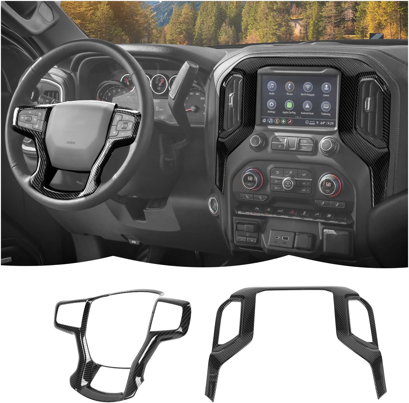 RT-TCZ Center Console Navigation GPS Panel Cover Trim Kit Decoration Interior Accessories for Chevrolet Chevy Silverado 2019-2021 (Black Carbon Fiber)