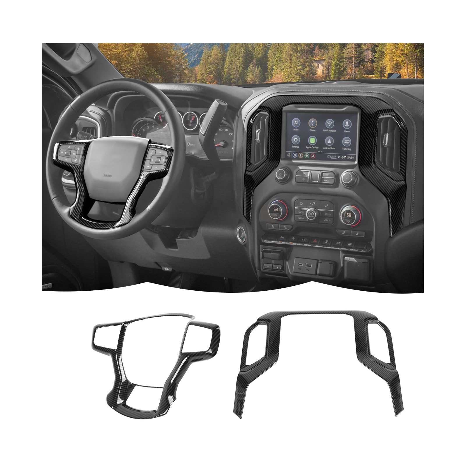 RT-TCZ Center Console Navigation GPS Panel Cover Trim Kit Decoration Interior Accessories for Chevrolet Chevy Silverado 2019-2021 (Black Carbon Fiber)